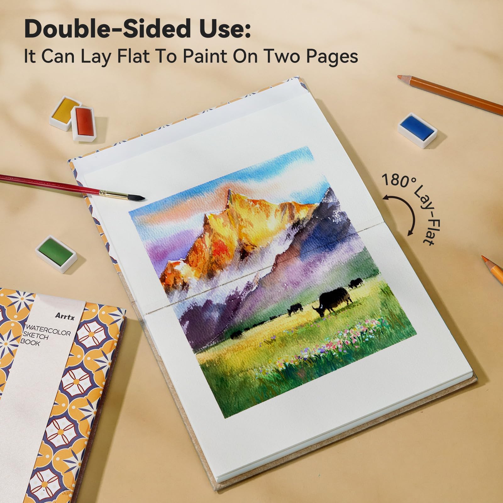 Arrtx Watercolor Sketchbook, 8.27x5.98'', 140 LB, 300 GSM, 100% Cotton Paper, Cold Press, 24 Sheets, Hardcover Watercolor Journal for Use As Travel Notebook for Artists Adults Students image 4
