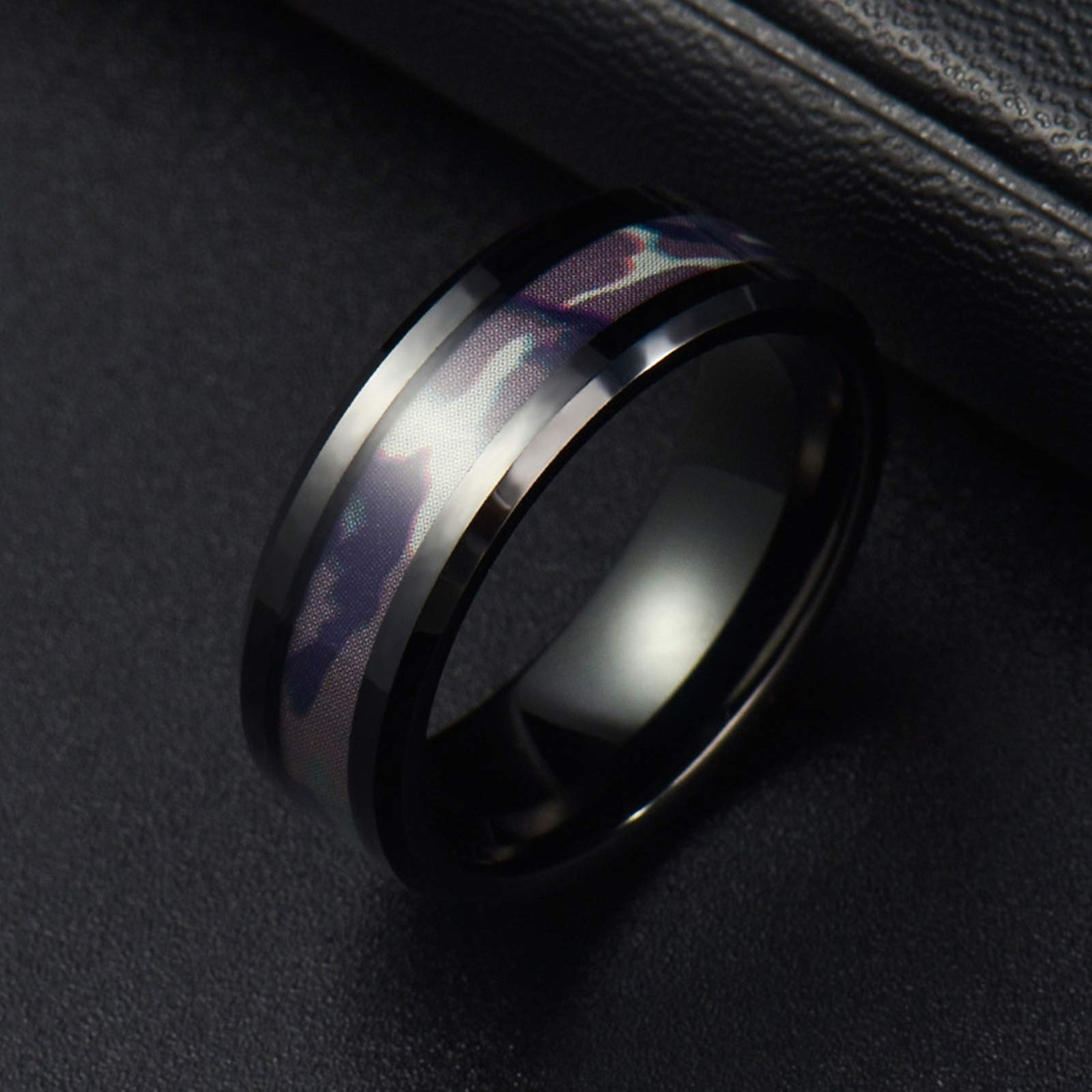Collar de anillos para mujer, collar de tungsteno grabado de 8 mm, anillo negro, ópalo y collar de madera