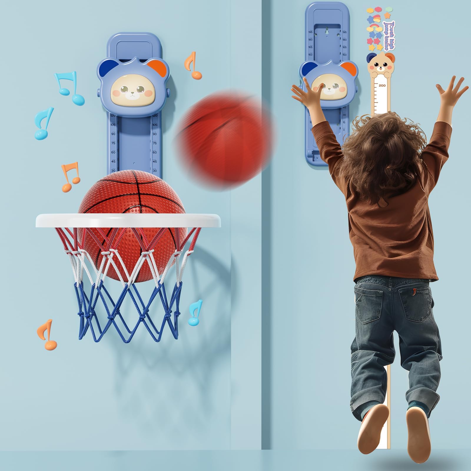 KASTWAVE Indoor Mini Basketball Hoop, Basketball Hoop for Kids Boys Girls Age 2-6, Adjustable Height, with Voice Touch High Jump Counter, Toys Gift for Kids