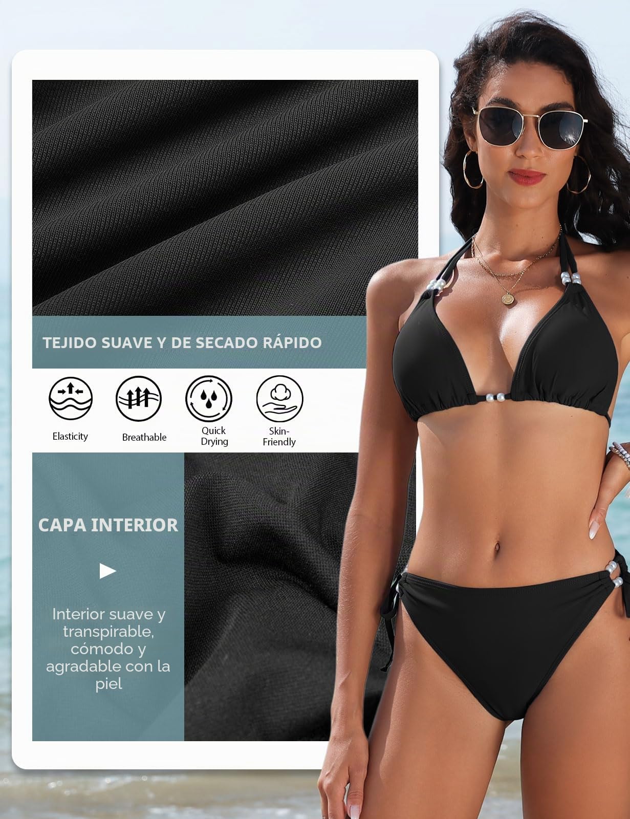 Bikini Mujer Sexy Traje de Baño Dos Piezas Bikinis Brasileño Halter Triángulo Bikini Top Conjunto de Bikini Tanga Cintura Media Bañadores con Perlas Ropa de Baño