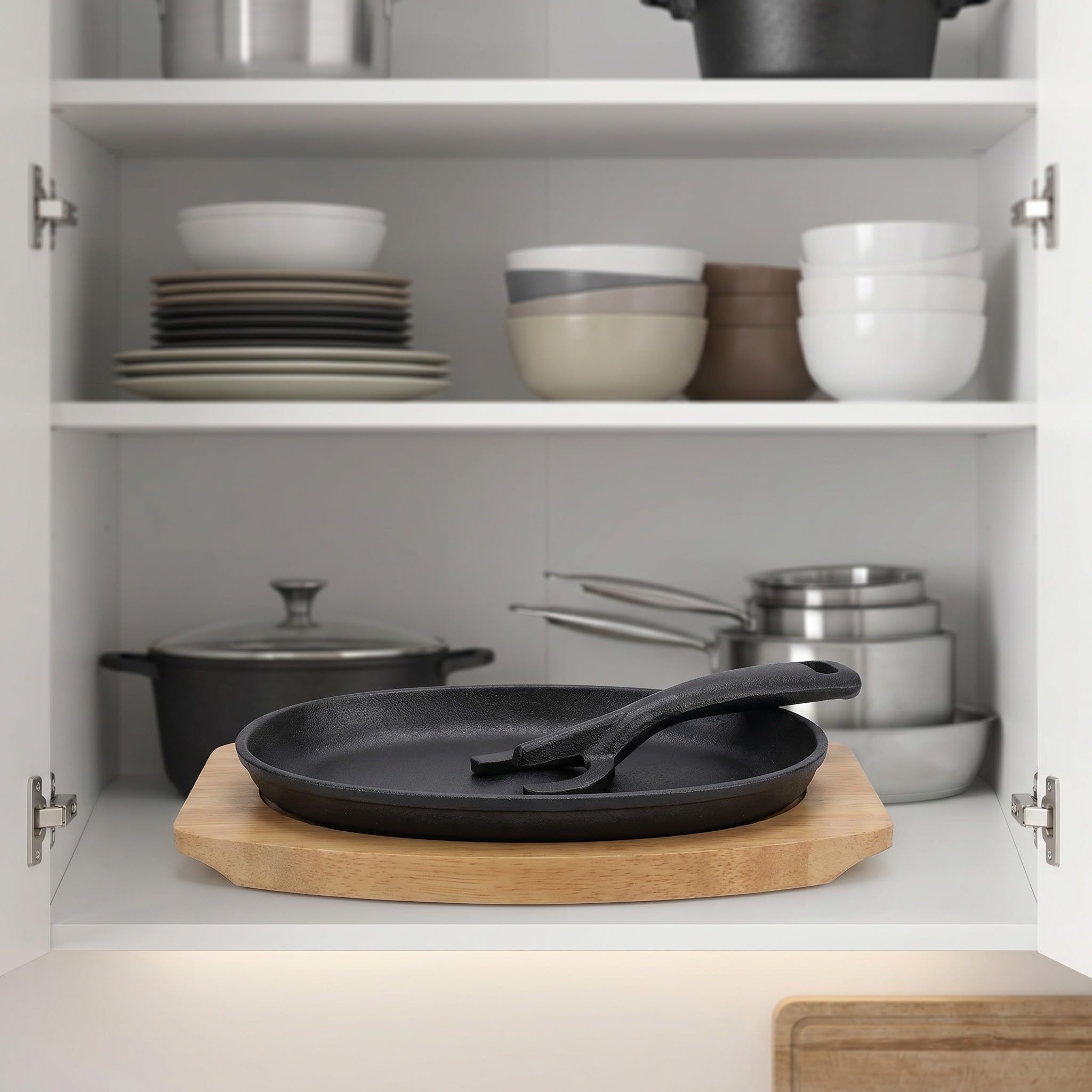 Operitacx Plaque de cuisson pour fajitas : Poêle à fajitas avec base en bois - Poêle ovale - Plaque de service et support pour teppanyaki, idéale pour les restaurants et les barbecues.