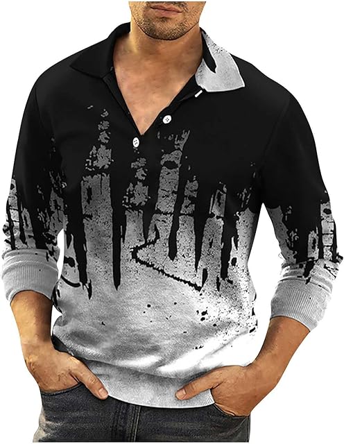 ZOUN Mens Novelty Tshirts Casual Long Sleeve Button Shirts Turndown Pullover Slim Fit 3D Print Lightweight T-Shirts Tops