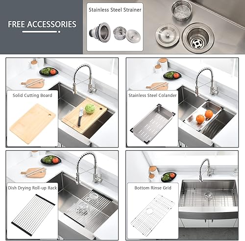 Miniatura 7 de Loftus - Fregadero de cocina de 33 pulgadas con delantal frontal, de acero inoxidable, calibre 16, repisa profunda para estación de trabajo,