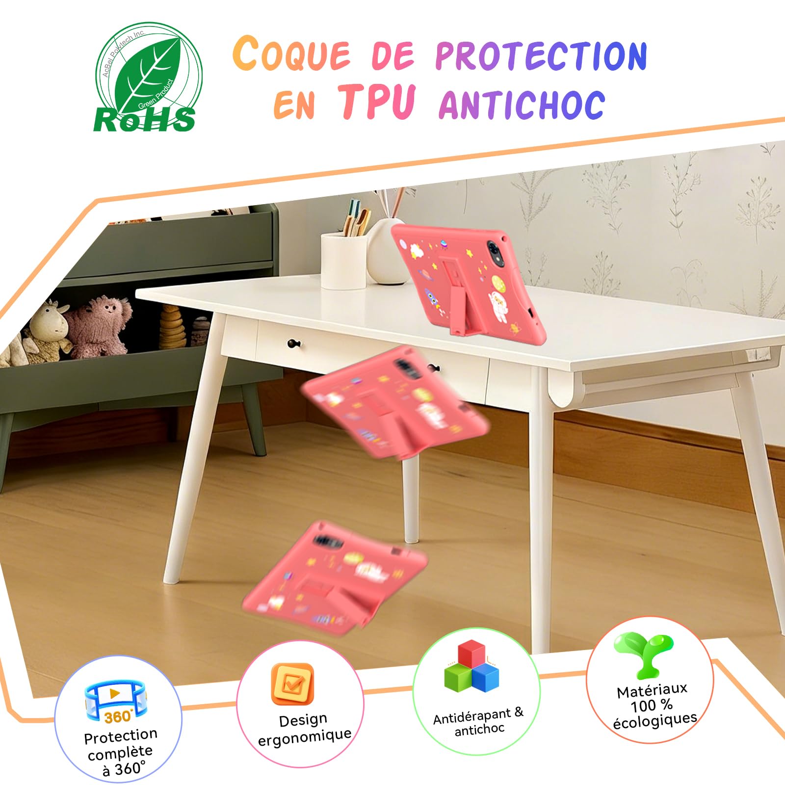 Tablette Enfants 10 Pouces, Android 16 Tablette pour Enfant 3-14 Ans Éducative, 16Go(4+12) RAM + 64Go ROM/2To TF, Contrôle Parental, GMS, 5000mAh, WiFi6, Garantie de 4 ans, Tablet avec Stylet, Rosa