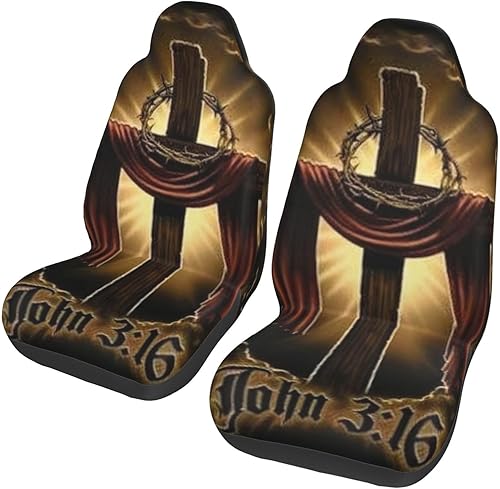 Fundas de asiento delantero de automóvil con símbolo de cruz dorada religiosa, 2 piezas, funda protectora elástica universal para asiento de