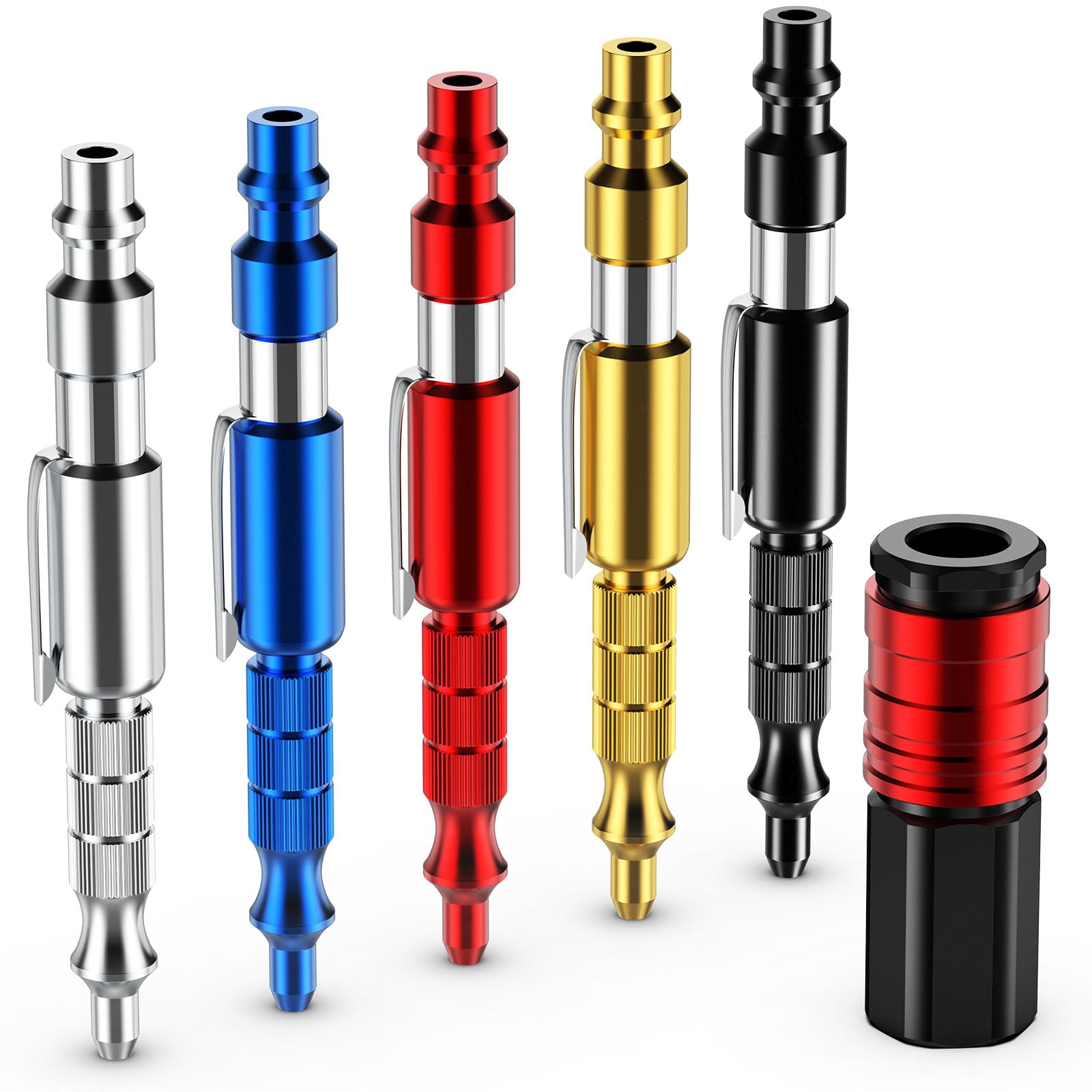 6PCS Pocket Color Air Blow Gun and Female Air Coupler, Industrial Style "M" 1/4 Inch Male Plugs, Adjustable Air Pressure Dust Cleaning Tools for Him
