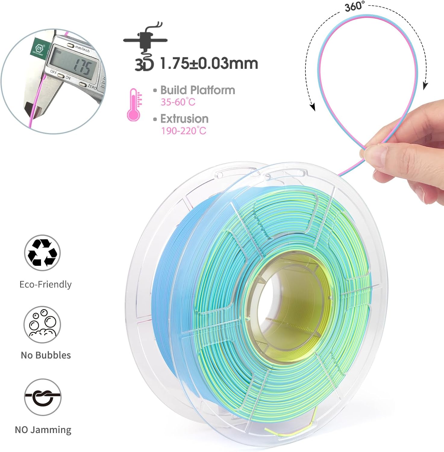 iSANMATE Matte Tri Colors PLA Filament 1.75mm, 3-in-1 Color Rainbow Filament, Coextrusion 3D Filament, Rapid Magic Color Change Filament 1.75mm, Dimensional Accuracy +/- 0.03 mm,Fluorite 1KG/Spool - Image 2