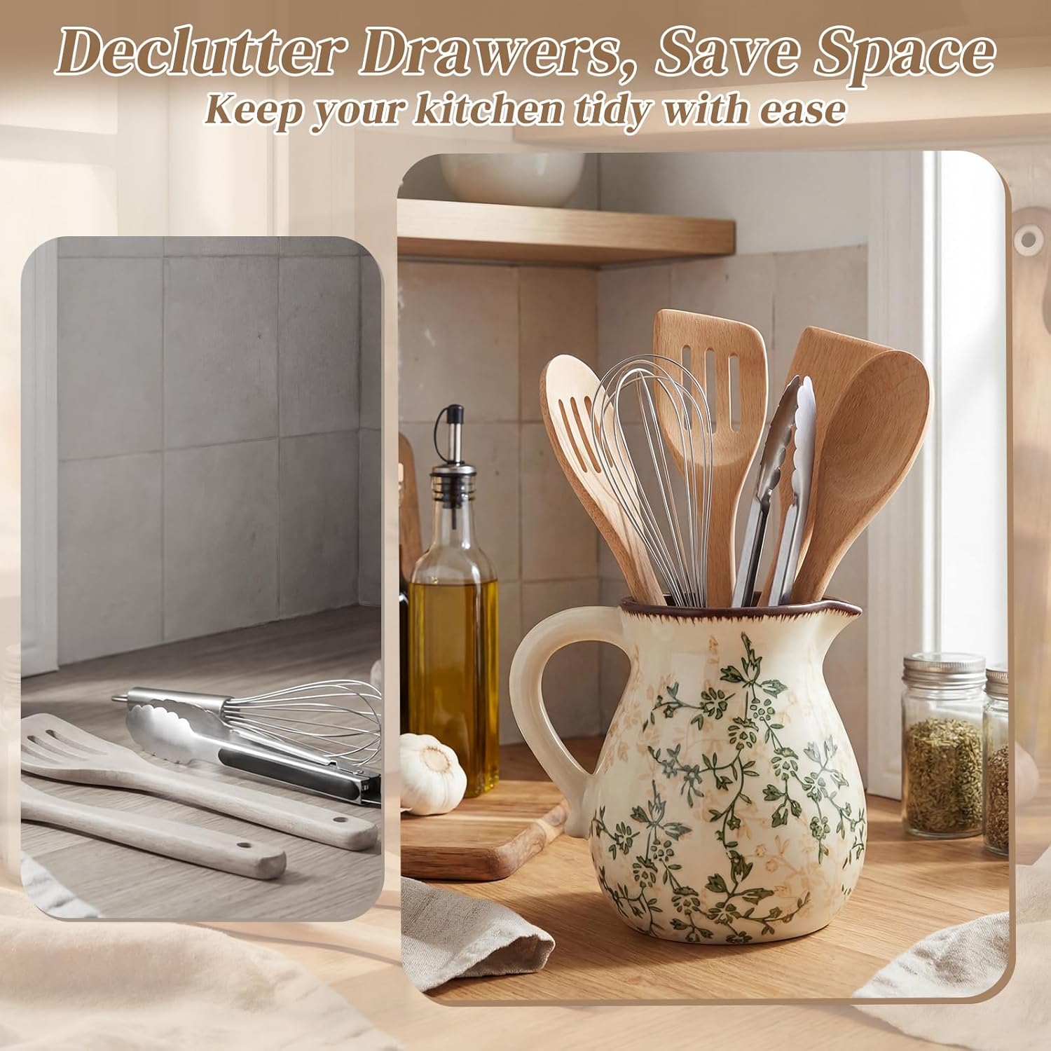 Kitchen Ceramic Utensil Holder with Handle Rustic 6" Green Floral Utensil Crock for Countertop Tuscany Cooking Tools Storage Caddy for Spatula Spoon Farmhouse Decor Housewarming Gift