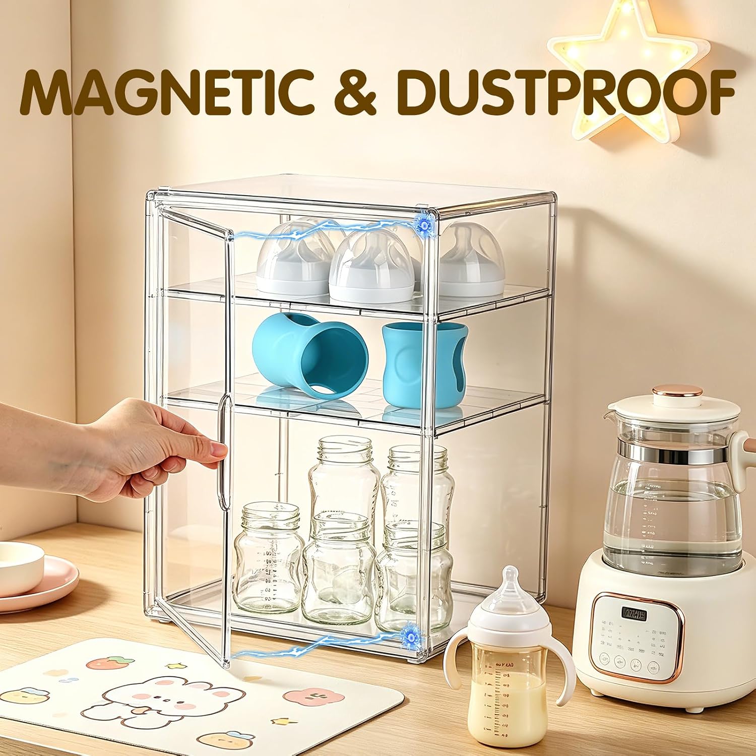 Baby Bottle Organizer Compatible with DR Brown Bottles, 3 Tiers Adjustable Clear Acrylic Bottles Storage Station Case for Dr. Brown's Natural Flow Anti-Colic Glass Baby Bottles 4oz