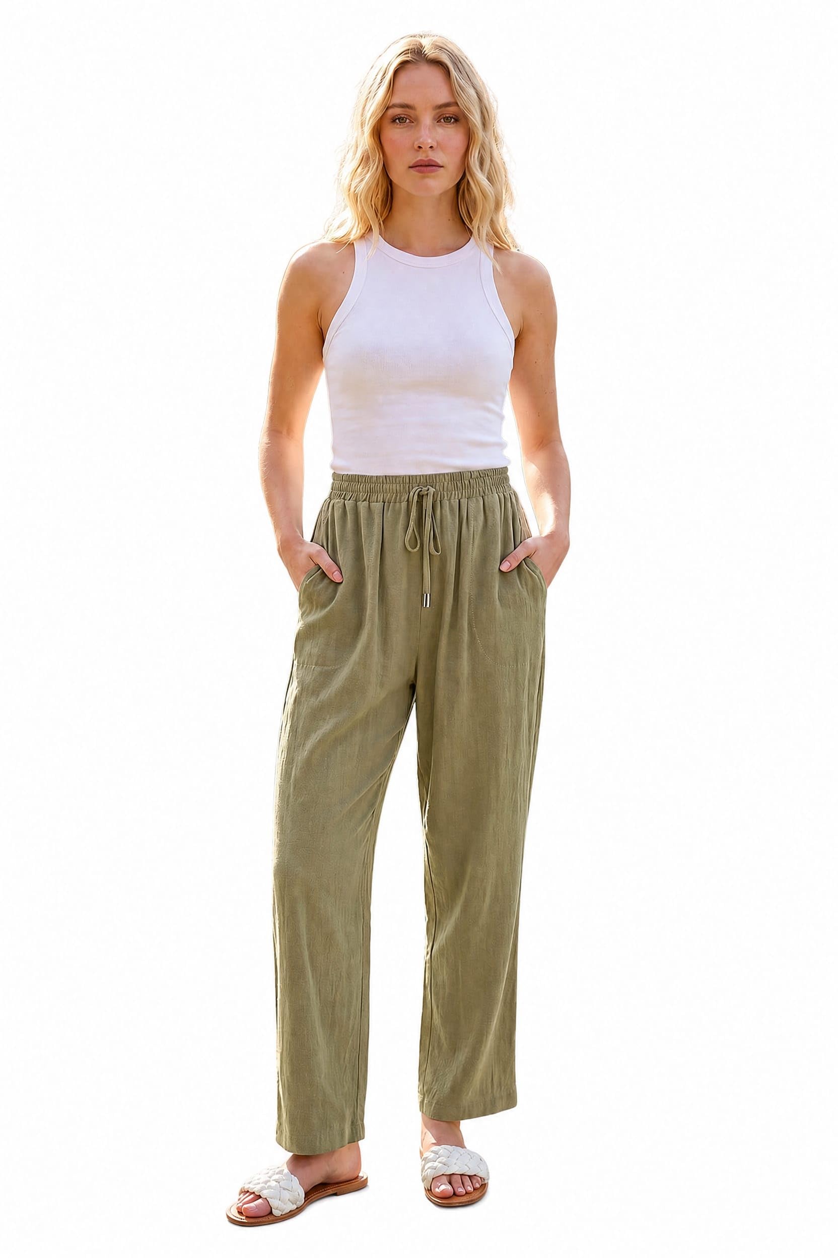 Roman Women's Khaki Full Length Linen Trouser In | Size: 12