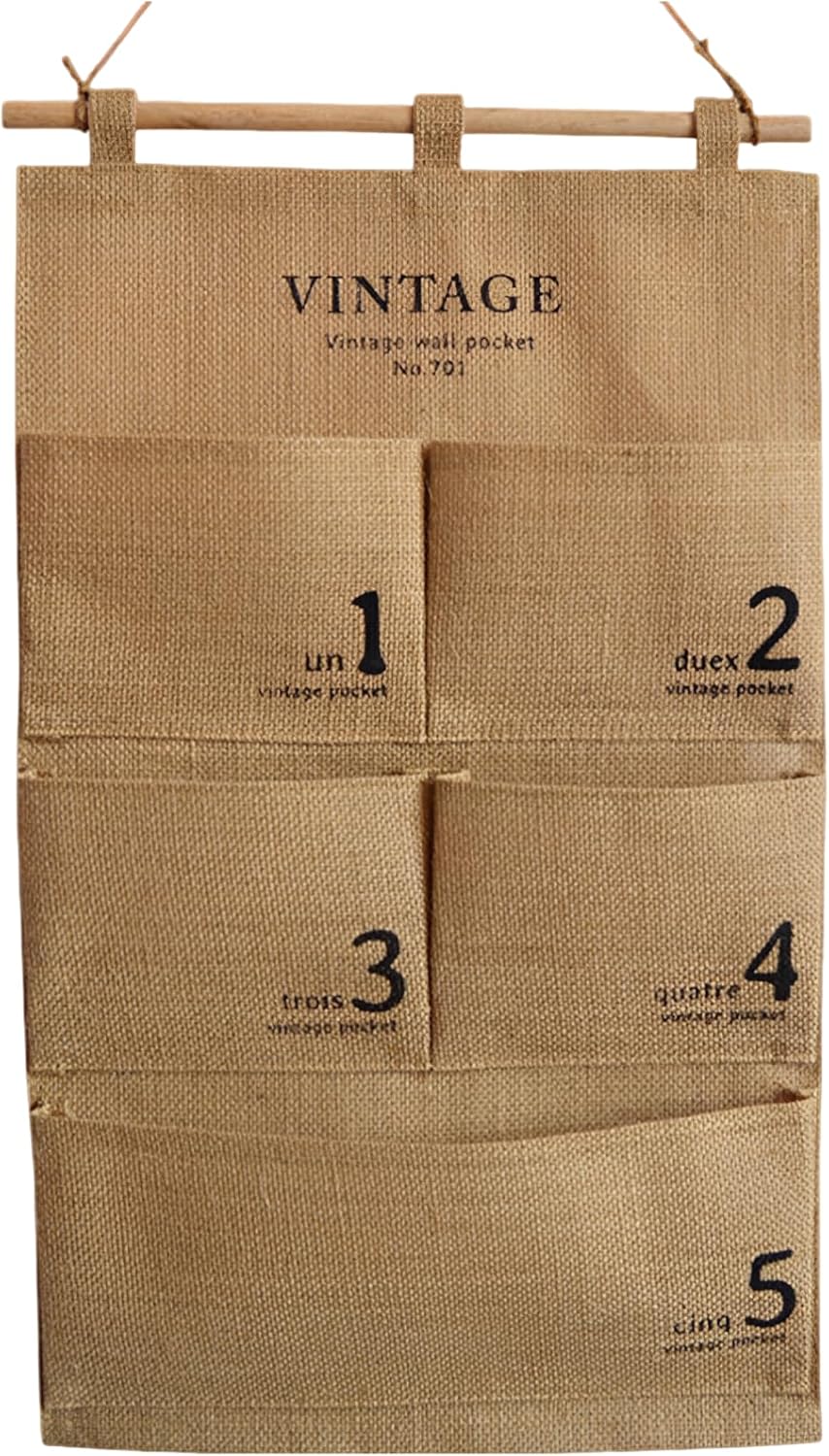 Hanging Storage Bag, Vintage Jute Wall Organizer with 5 Divided Pockets, Back Coating for Bedroom Bathroom Kitchen Office, Jewelry and Sundry Decor, Home Organization, Small Item Storage