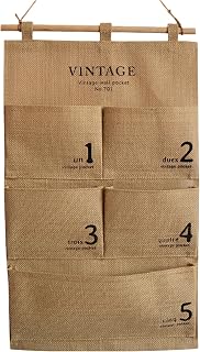 Hanging Storage Bag, Vintage Jute Wall Organizers with 5 Divided Pockets, Water Repellent Organizers for Bedroom Bathroom Kitchen Office, Jewelry and Sundry Decor Home Organization