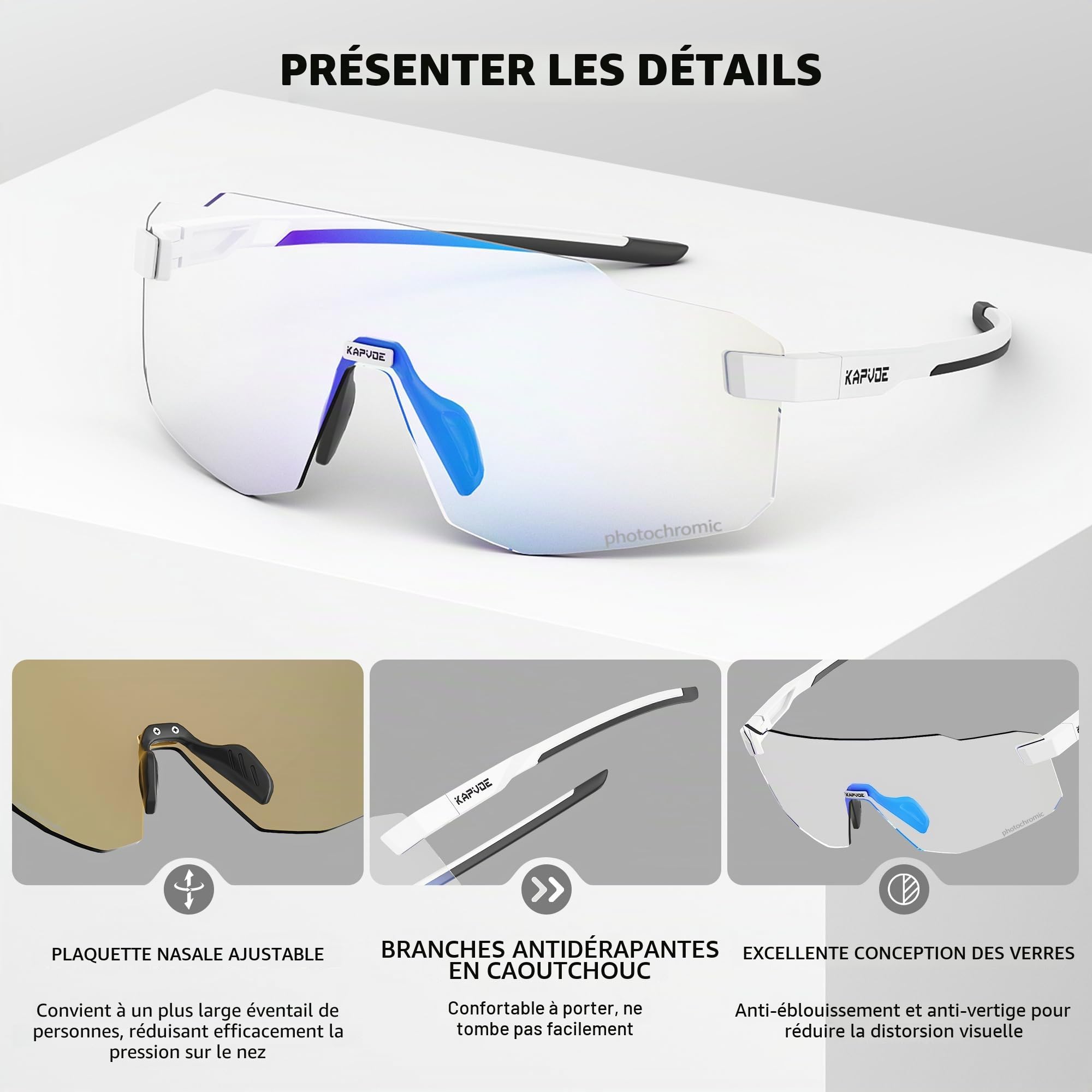 KAPVOE Lunettes de Cyclisme Photochromiques homme femme Lunettes Sportives Anti UV400 pour VTT Course en Montagne et Conduite Monture Sans Cadre K341