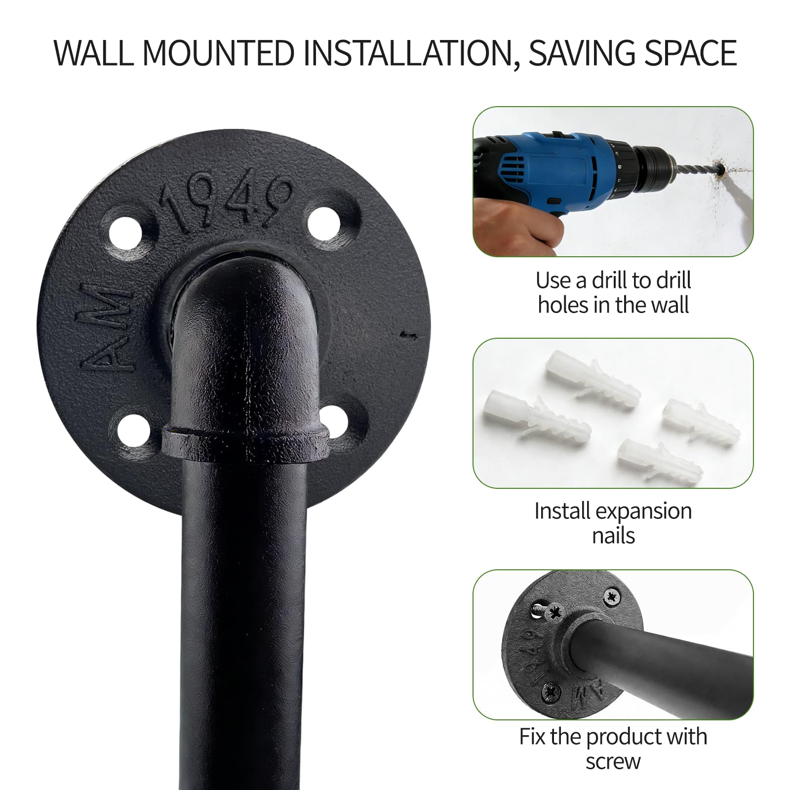 92cm Barra Appendiabiti da Parete, Set da 2, Attaccapanni da Muro per Tubo Industriale, Rimovibile Appendino, Salvaspazio, Robusto e Durevole, per Camere da Letto, Soggiorni, Armadi, Nero