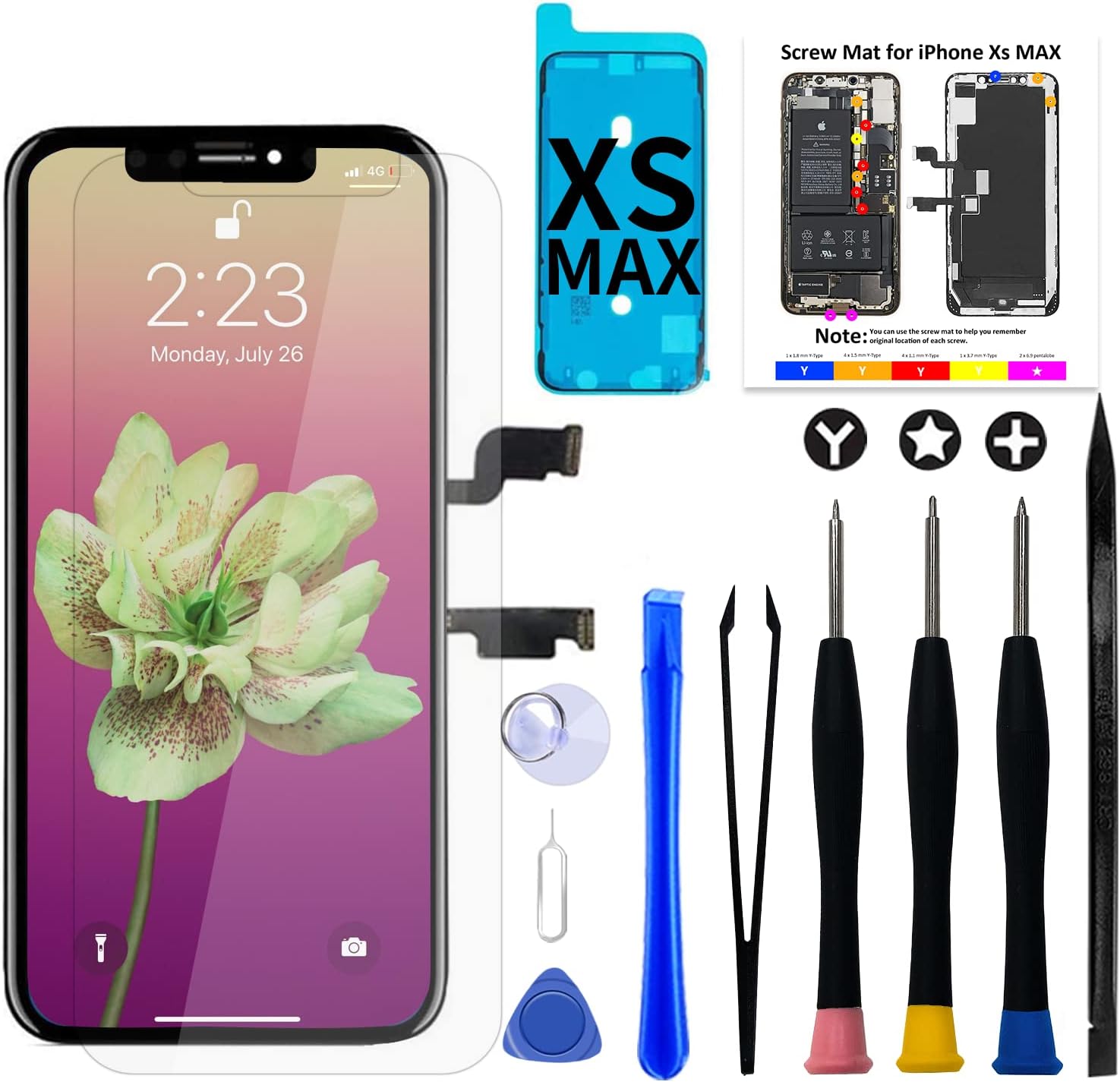 Brinonac for iPhone Xs Max LCD Screen Replacement Kit,6.5 inch 3D Touch Screen Display Digitizer Frame Assembly Set with Repair Tools,Adhesive and Tempered Glass for A1921/A2101/A2102/A2103/A2104