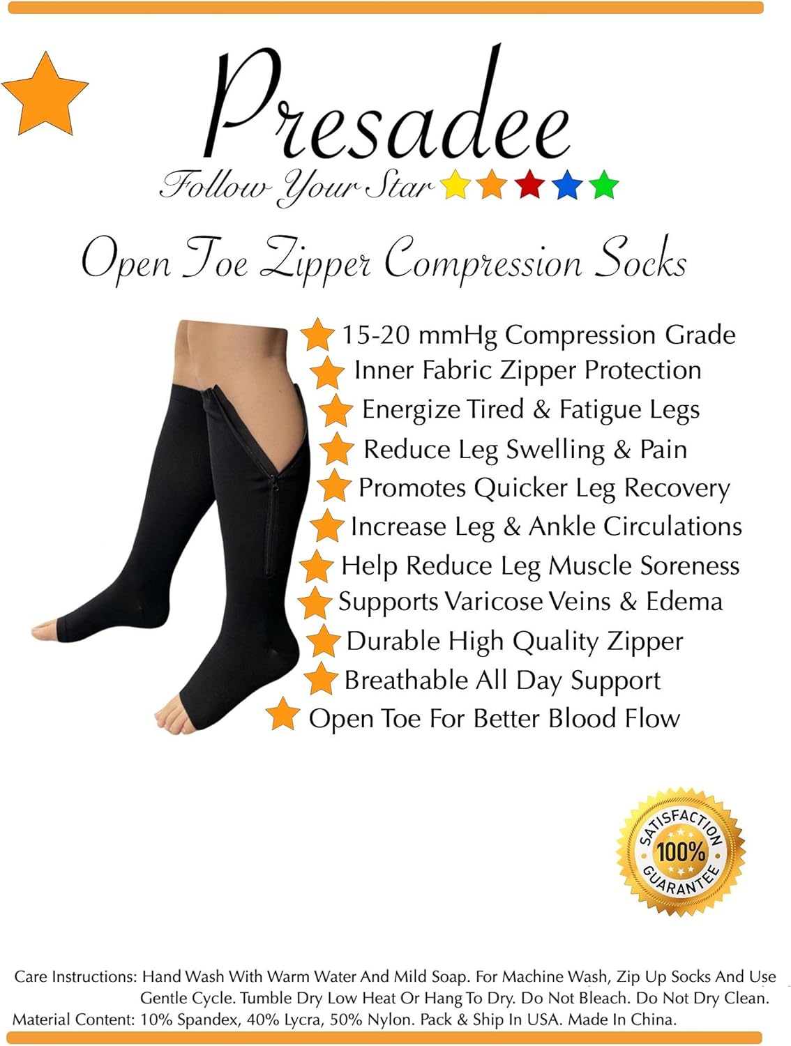 Presadee Open Toe 15-20 mmHg Moderate Compression Leg Calf Swelling Zipper Sock