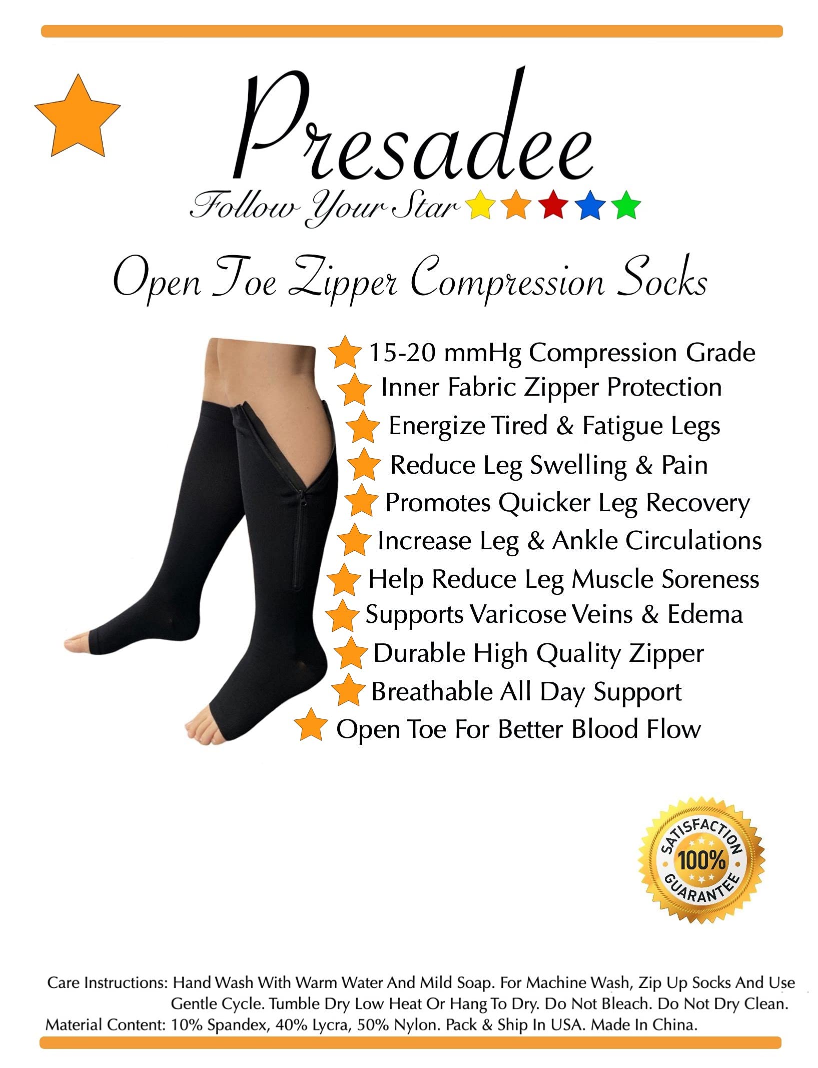 Presadee Open Toe 15-20 mmHg Moderate Compression Leg Calf Swelling Zipper Sock