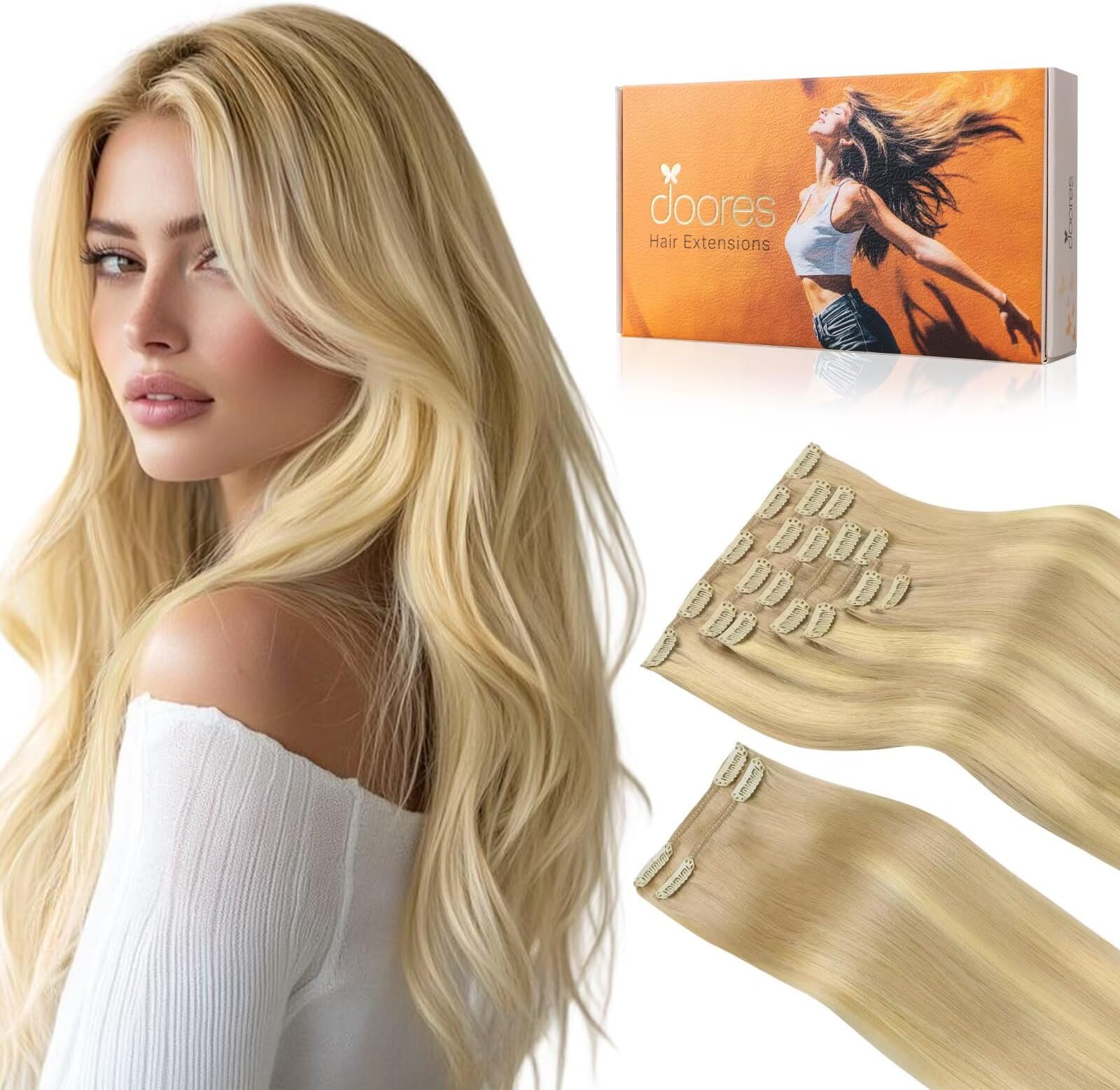DOORES Human Hair Extensions Clip in, Dirty Blonde Mixed Platinum Blonde 150g 9pcs 14 Inch, Remy Straight Thick Hair