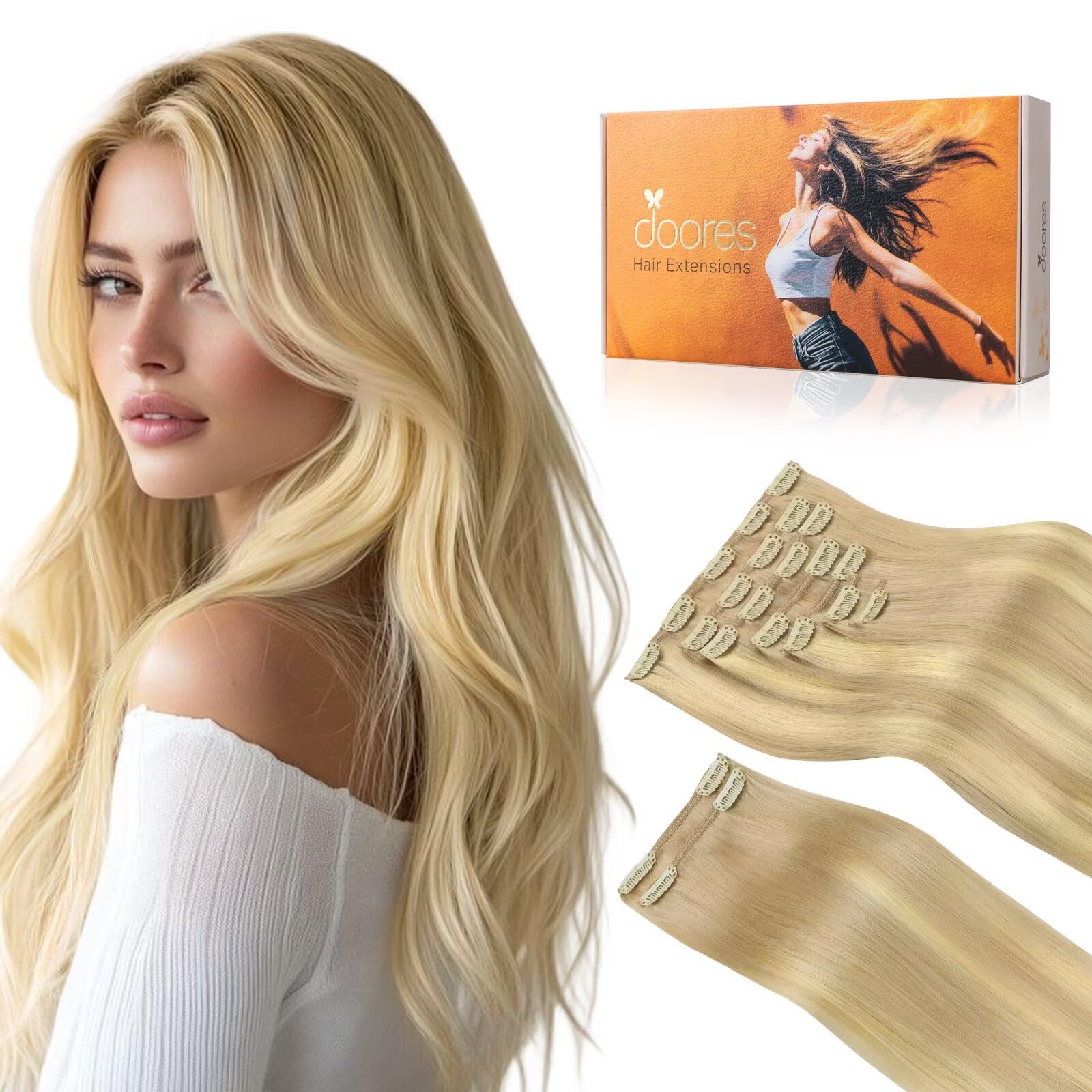 DOORES Human Hair Extensions Clip in, Dirty Blonde Mixed Platinum Blonde 150g 9pcs 14 Inch, Remy Straight Thick Hair