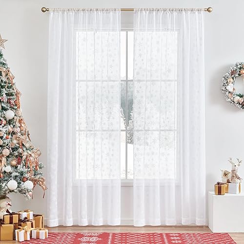 Miniatura 2 de Vangao Cortinas traslúcidas blancas de Navidad con estampado de copos de nieve de 84 pulgadas de largo para sala de estar, dormitorio, telón de