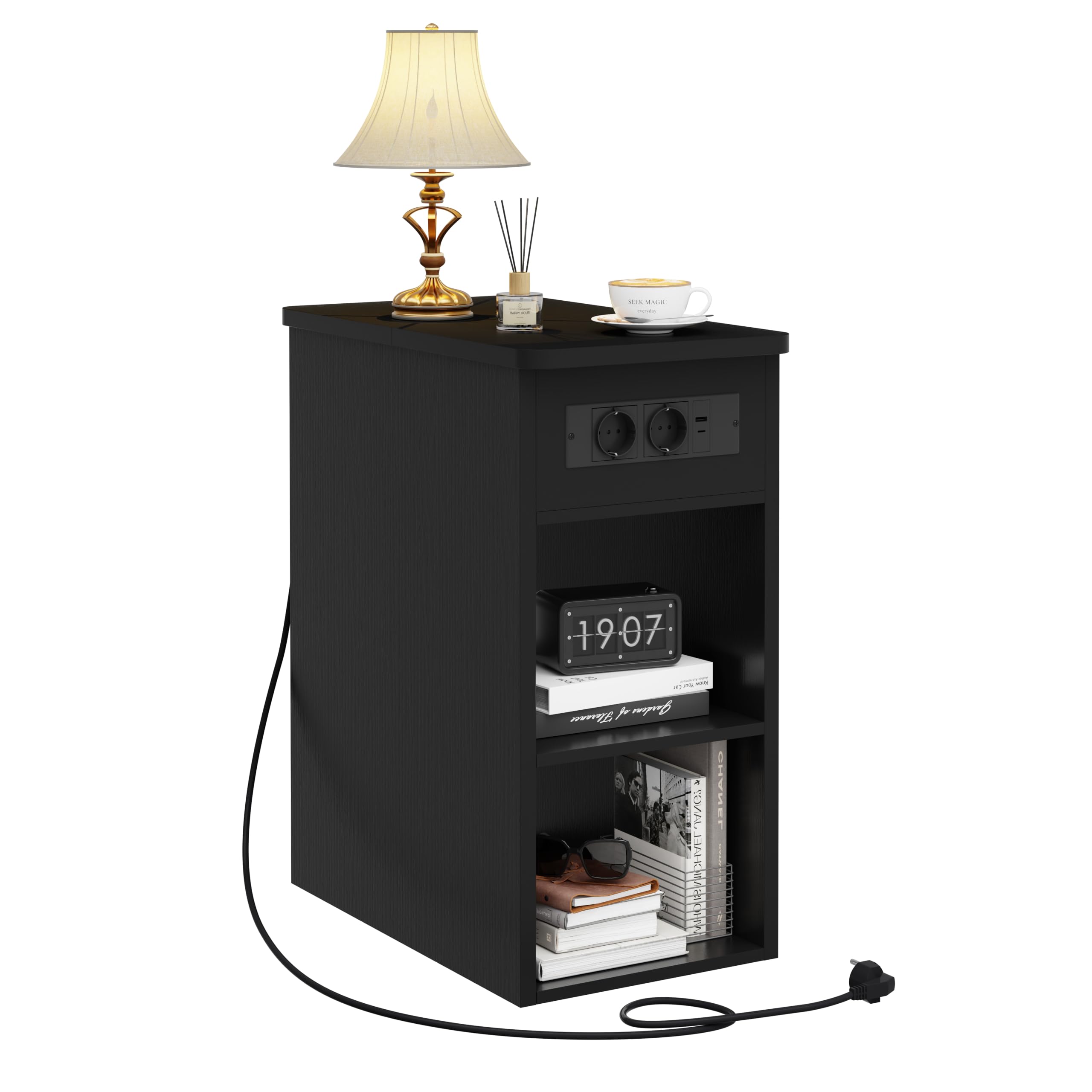 YOUDENOVA Comodini Camera da Letto, Comodino Stretto 30 cm, con Presa Elettrica Integrata, 2 Ripiani a Giorno e Vani Nascosti, Tavolino Salotto per Soggiorno Vamera da Letto, Nero
