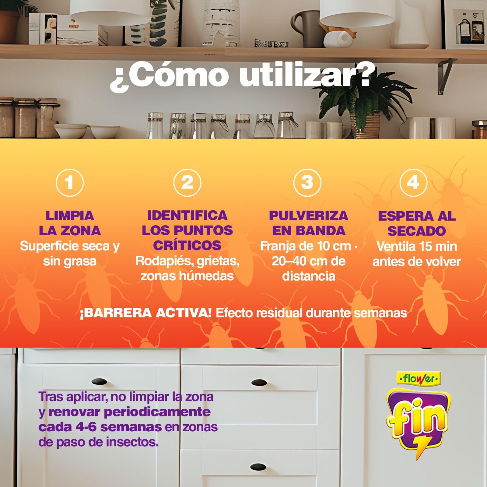 Flower x3 Insecticida Rastreros Spray Super Concentrado 650 ml | Aerosol Elimina Cucarachas, Hormigas e Insectos Interior y Exterior | Formula Potenciada | Canula para Grietas AntiCucarachas