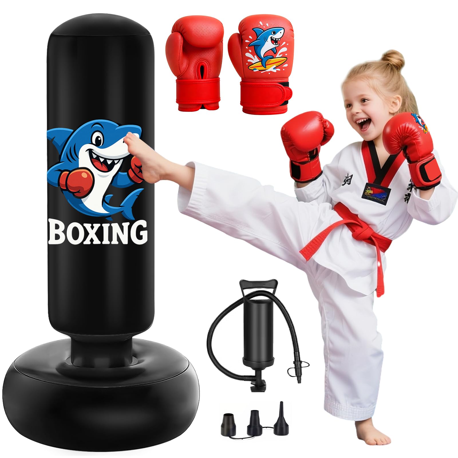 Qoosea Sacco da Boxe per Bambini 3-8 Anni, 130cm Stabile Sacco da Boxe Gonfiabile con Guanti da Boxe, Pratica di Taekwondo Karate Attrezzatura da Allenamento MMA, Regalo per Ragazzi Ragazze