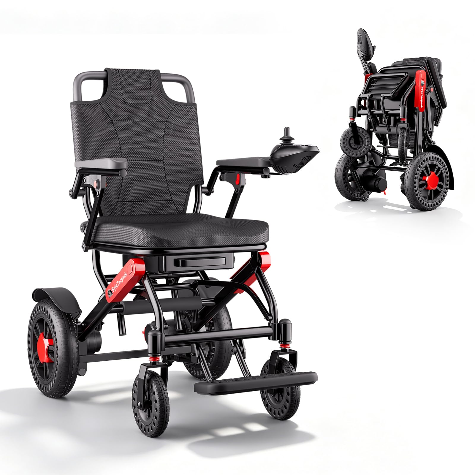 Fauteuil Roulant Électrique Pliable 21kg - Autonomie 25km (Rouge-noir) | 12Ah battery,4-6h fast charge,500W motor,electromagnetic brake,anti-tip,ergonomic seat,manual/electric mode,150kg capacity