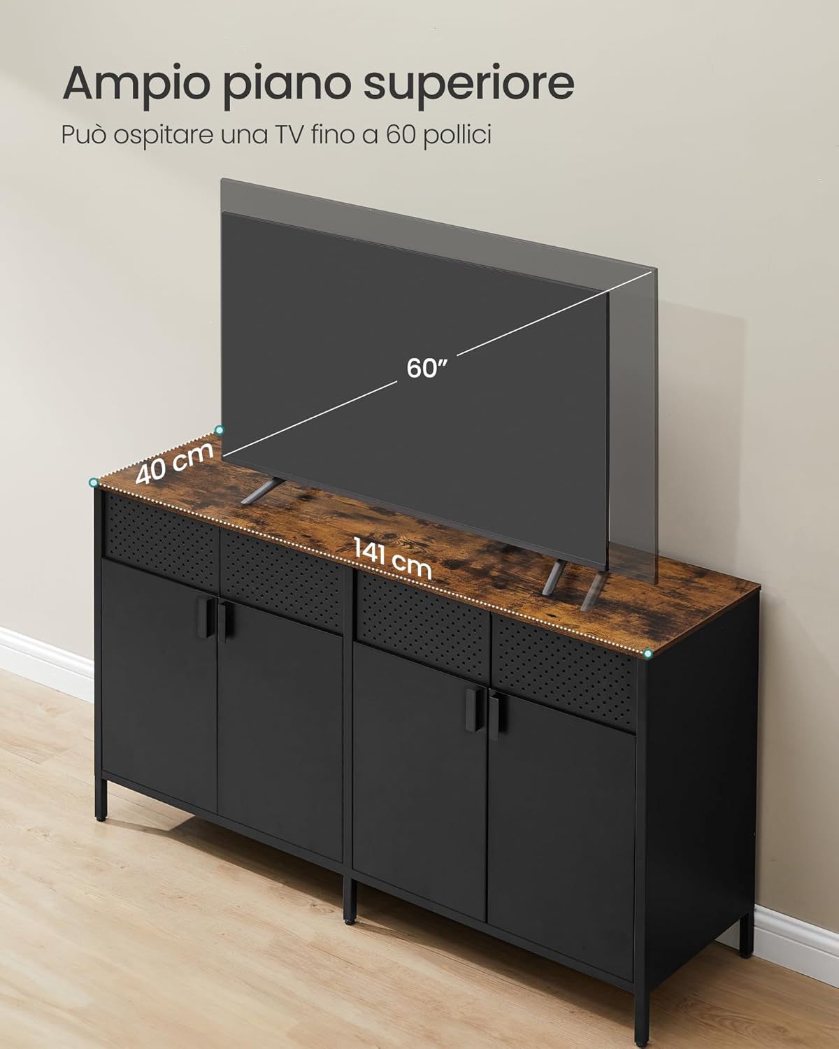 Cabinet with a 60-inch TV on top