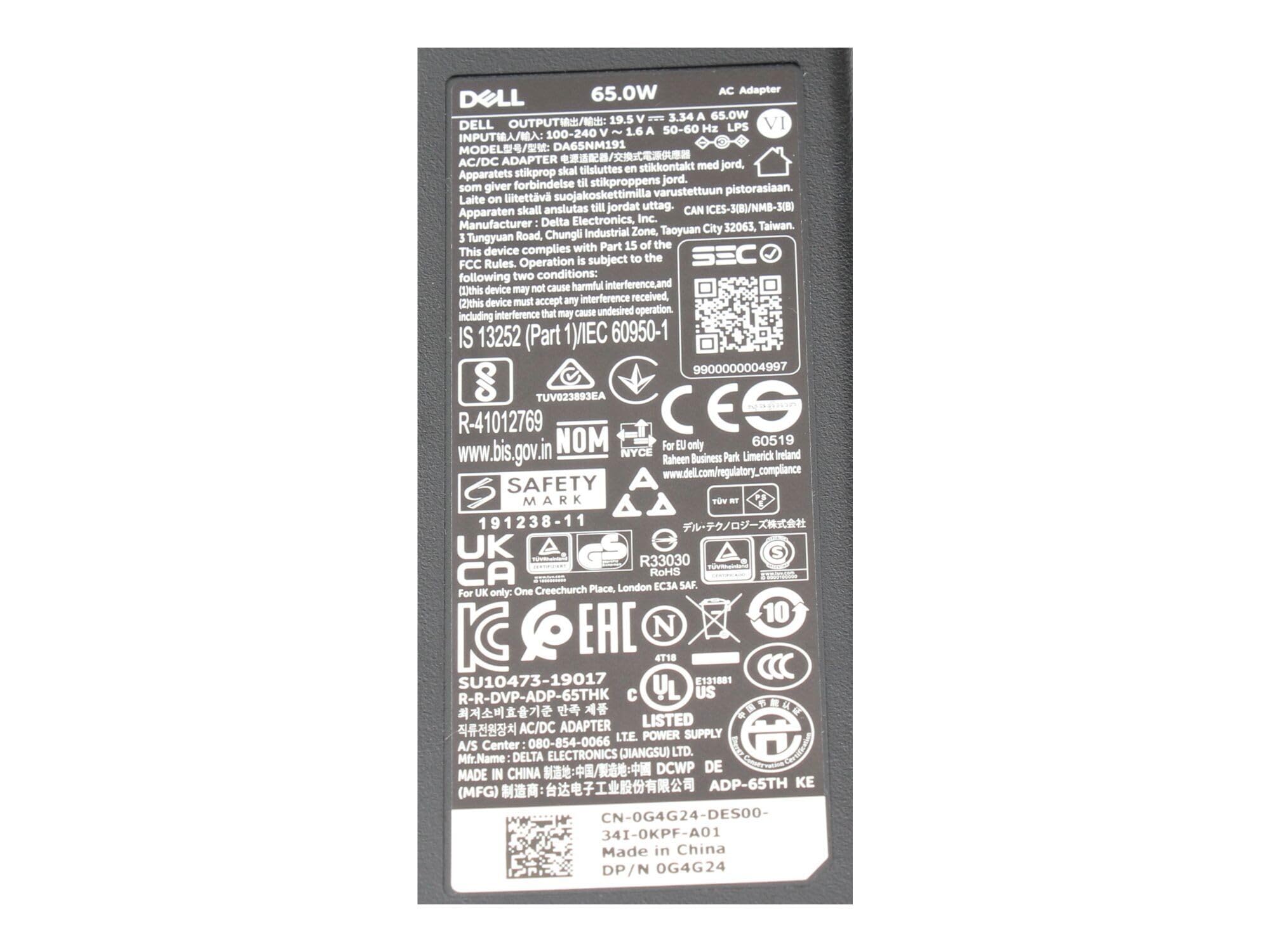 Dell 0JYJNW originale USB-C alimentatore 65 watt per Latitude 15 (7520), 14 2in1 (9420), (7420), 13 (3310), Inspiron 14 (5410