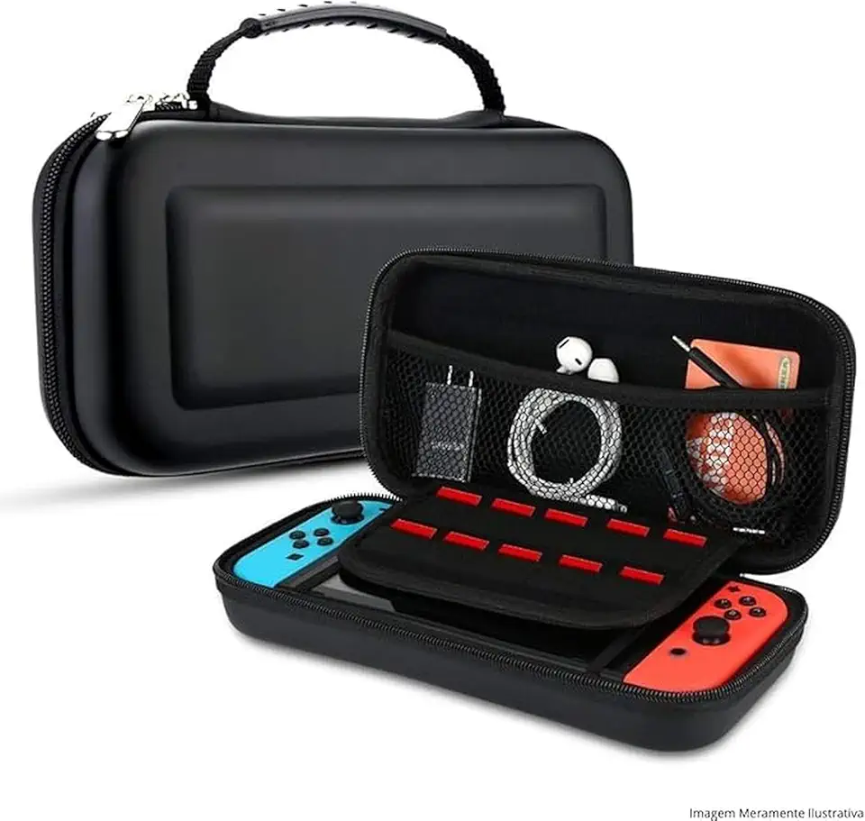 Case Capa protetora para Switch OLED e Switch2, Estojo para Nintendo Rígido, Slots p/ Cartões, Compartimento p/ Acessórios, case para nintendo Forro Macio Antirrisco, Alça – Preta PREMIUM