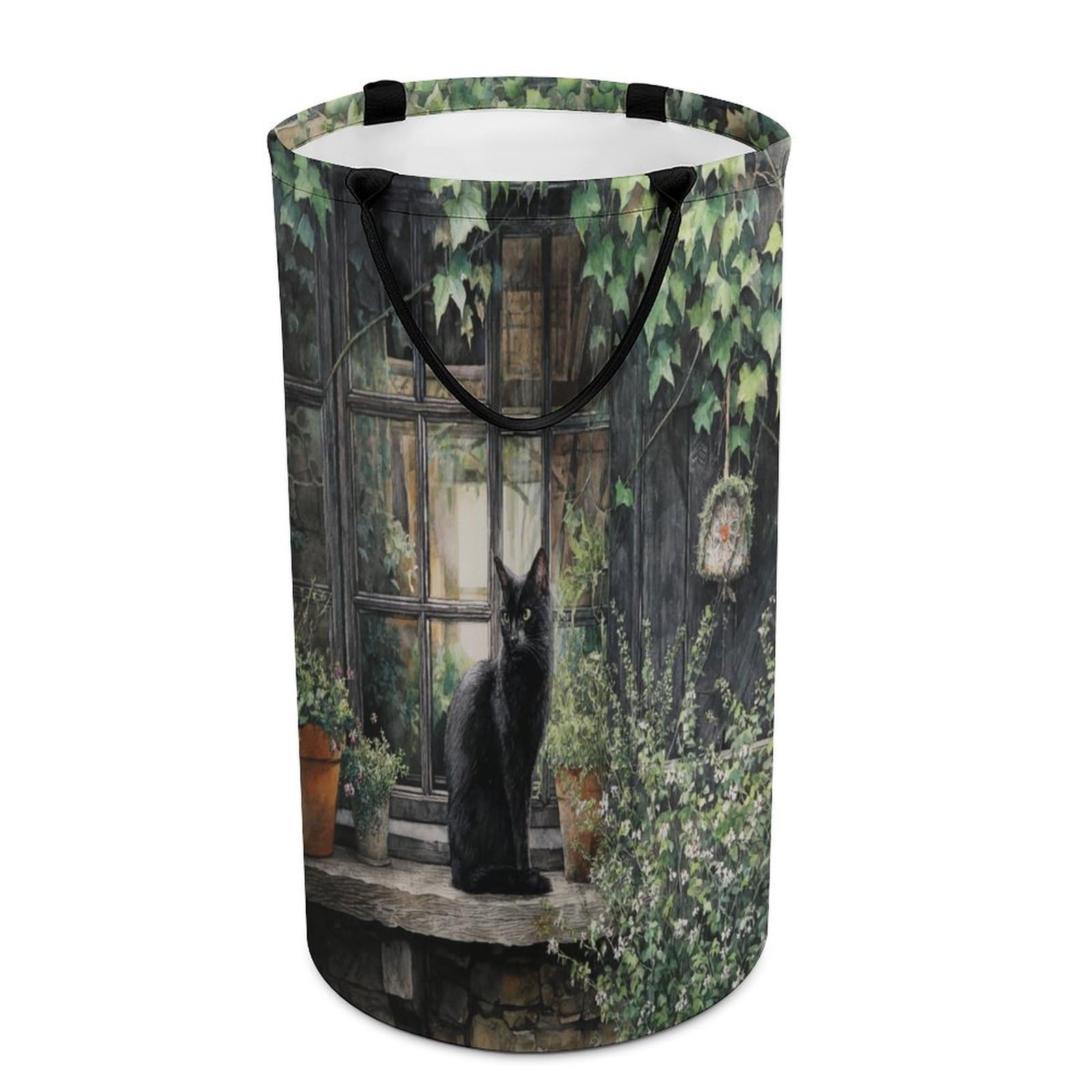 LUYYSKY Fantasy Watercolor Black Cat Collapsible Dirty Clothes Basket, Retro Classic Botanical Cottage Animal Kitten Flowers Portable Clothes Storage Basket