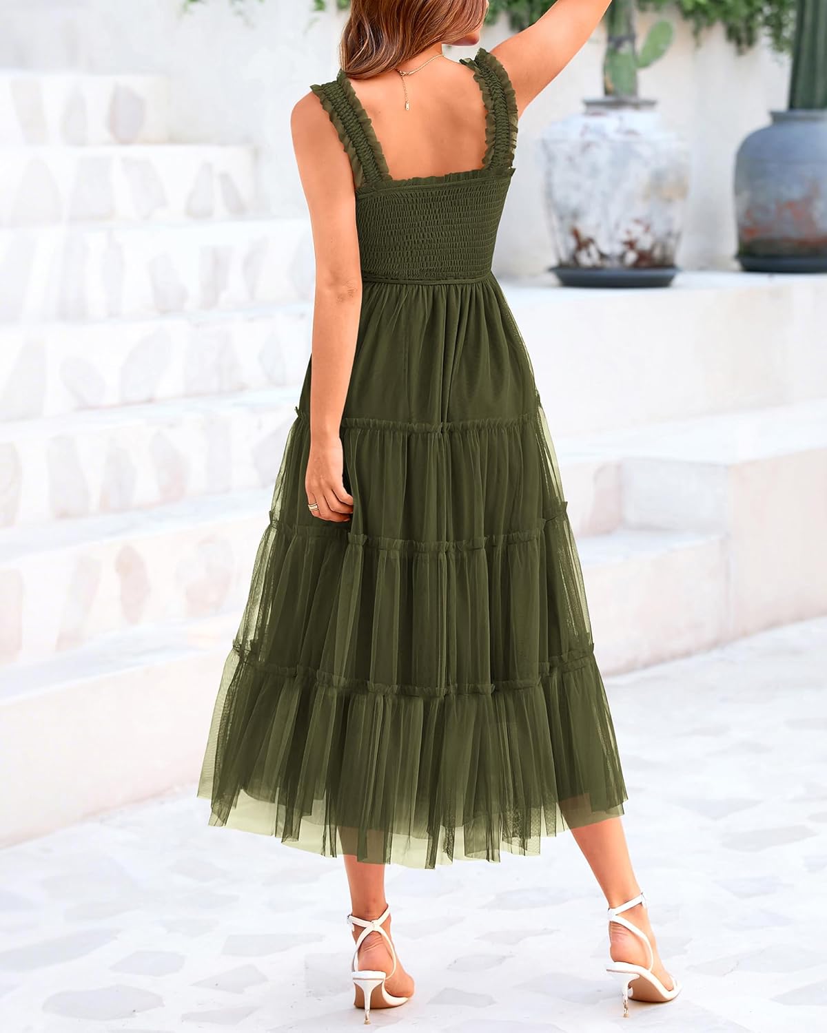 BTFBM Women's 2025 Summer Midi Dress Casual Sleeveless Square Neck Smocked Ruffle Tulle Party Wedding Guest Dresses - Image 3