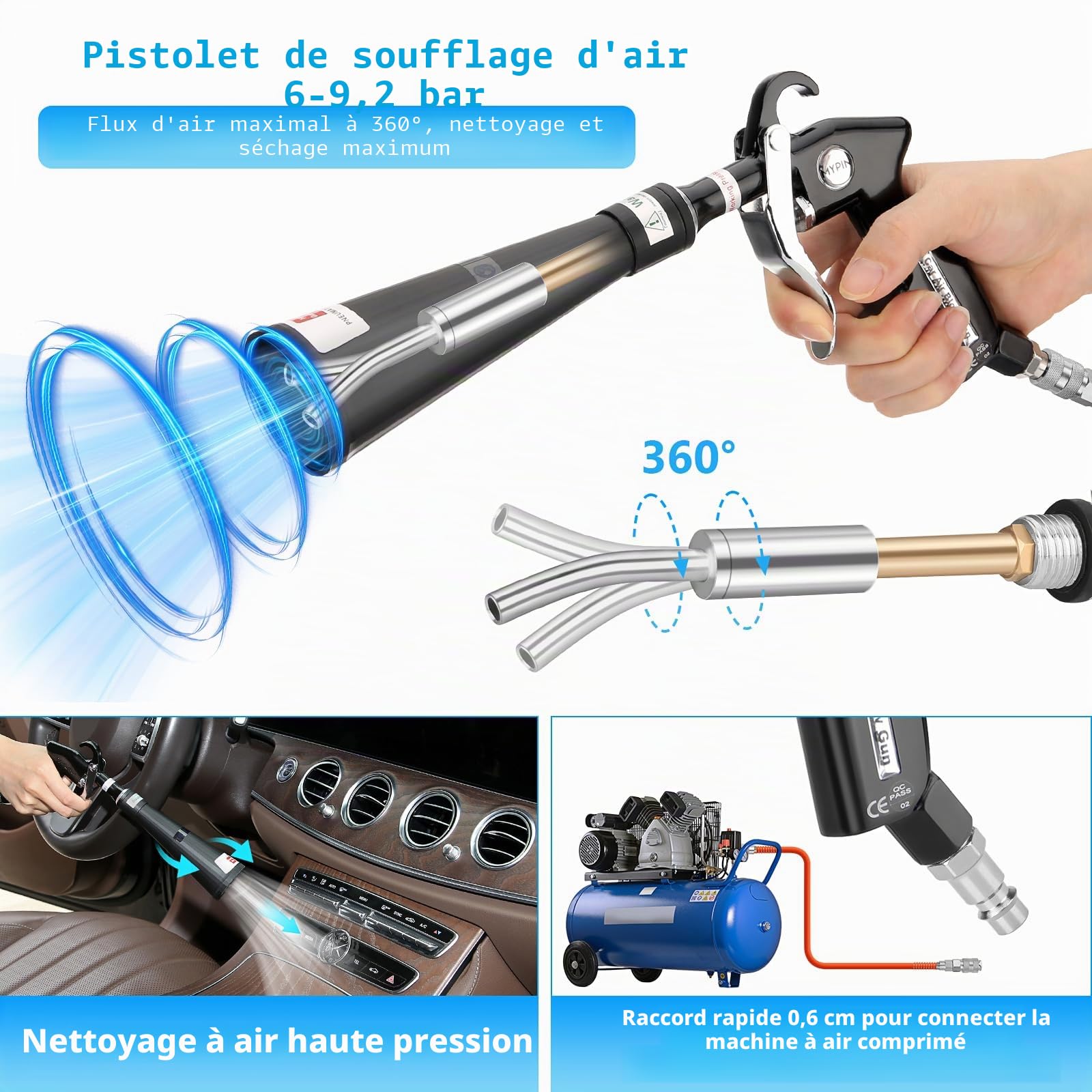 MYPIN Pistolet de Nettoyage de Voiture, 6-9,2 Bar/0,6 MPa-0,9 MPa, Pistolet à air comprimé Haute Pression avec 2 Buses de Nettoyage, Nettoyage intérieur de Voiture pour Tapis, siège