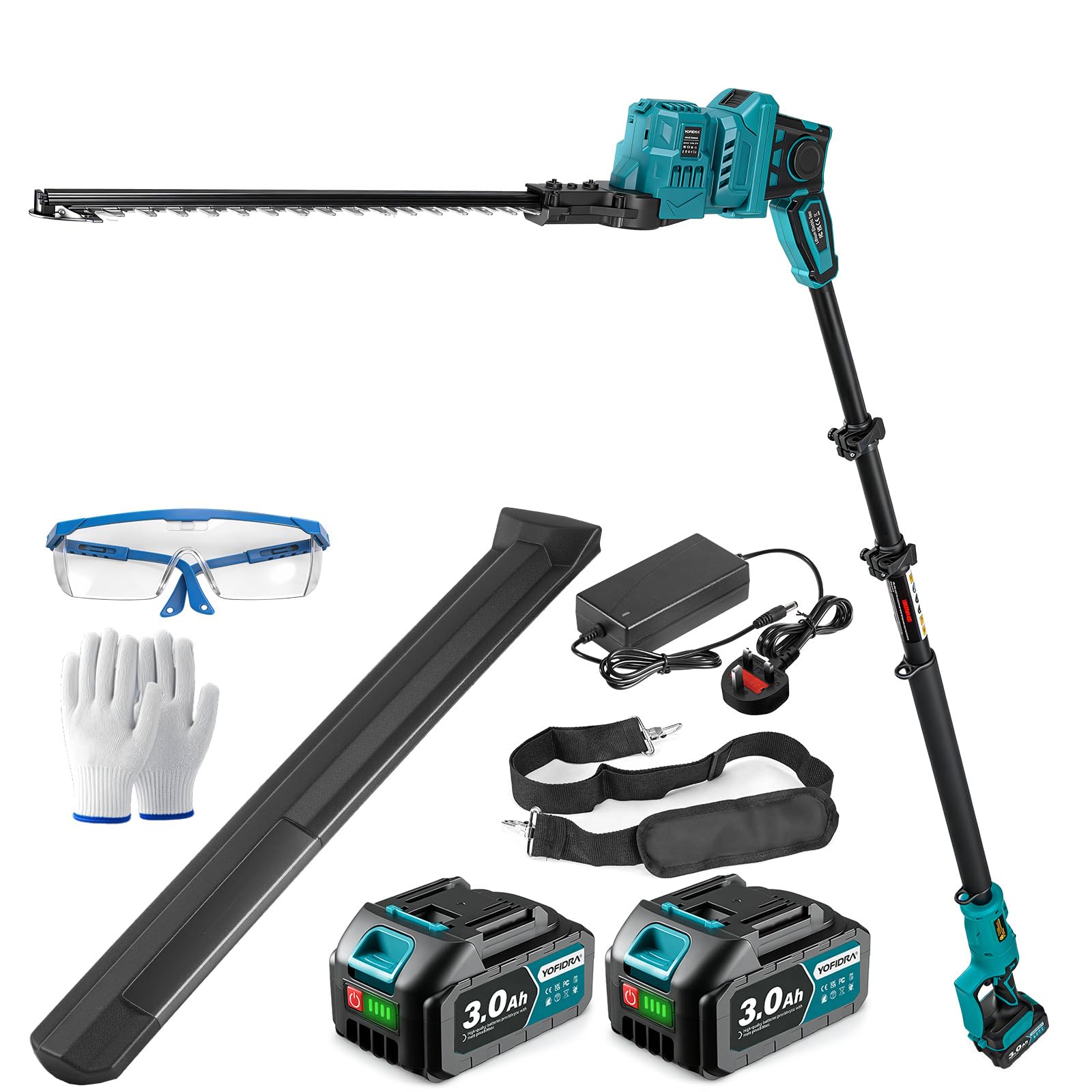Yofidra Cortasetos Eléctrico Telescópico 40 cm, Cortasetos Inalámbrico con 2 Baterías de 3.0 Ah y Cargador, Pértiga de 2,4 m, Cabezal Orientable 180°, Cortasetos a Batería para Mantenimiento de Setos | Cortasetos eléctricos con hoja de acero, ancho de cor