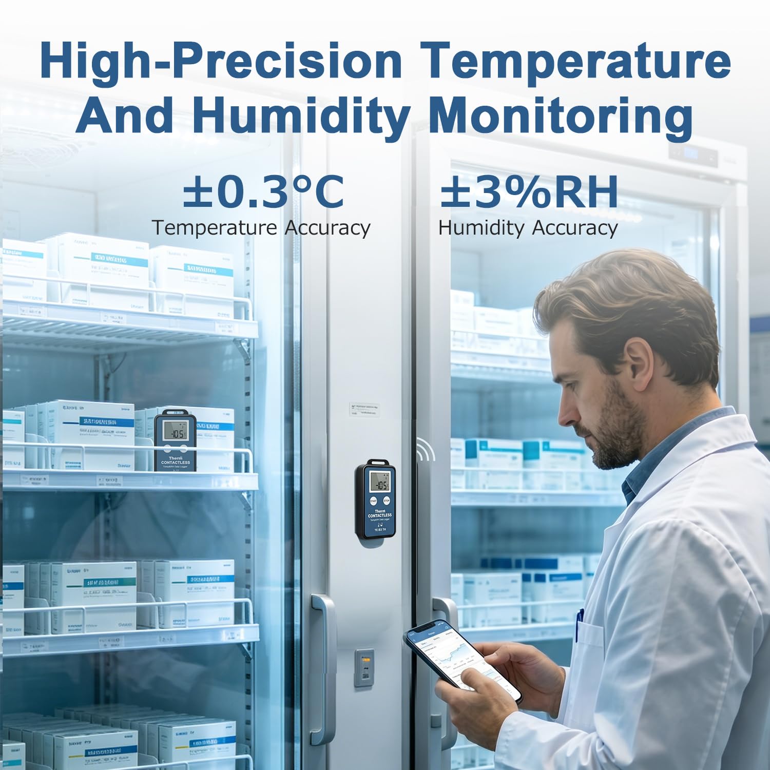 ThermElc TE-B3 TH Registrador temperatura y humedad bluetooth,alta precisión de ±0,3 °C,compatible con EN12830,32000 puntos, higrómetro inalámbrico para monitorización de congeladores de laboratorio