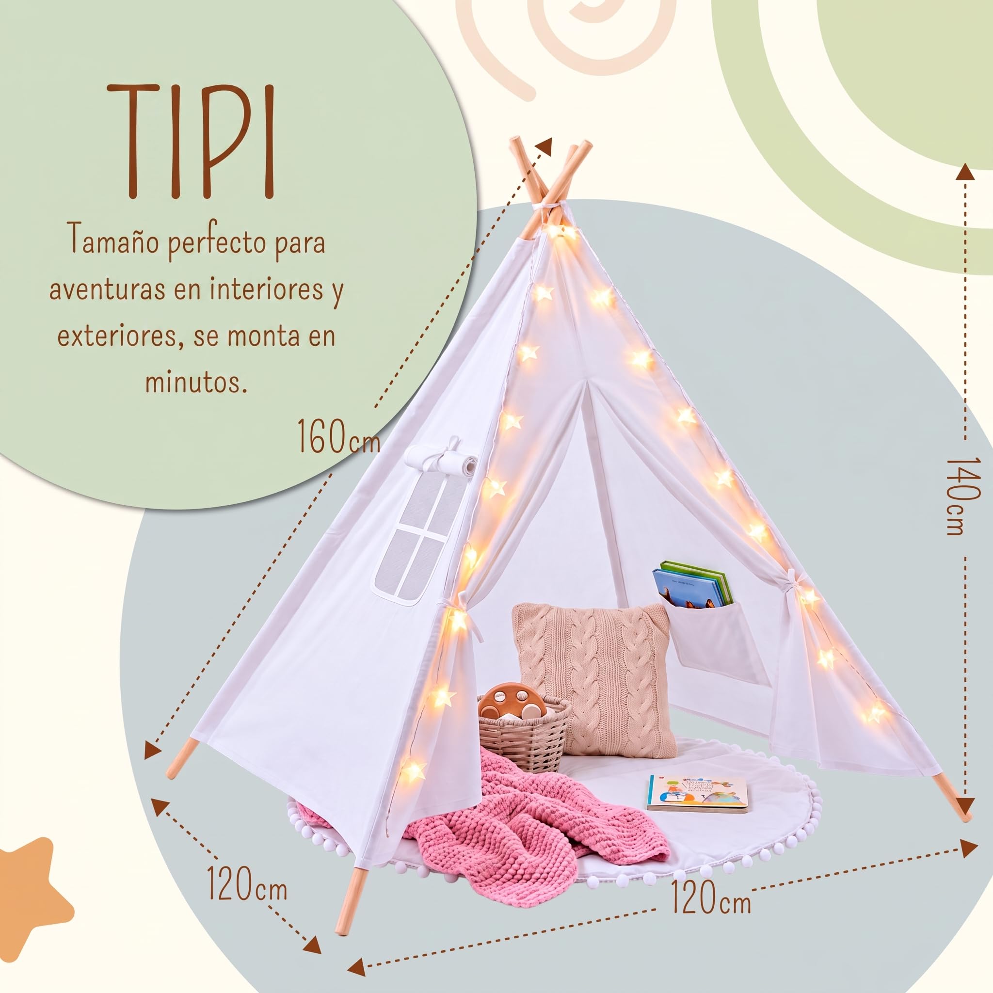 Tienda tipi para niños en blanco marfil | Tienda de juego/tienda inflable blanca para niñas y niños 140 x 120 cm en lona de algodón, con guirnalda de 3 metros de luces en forma de estrella y