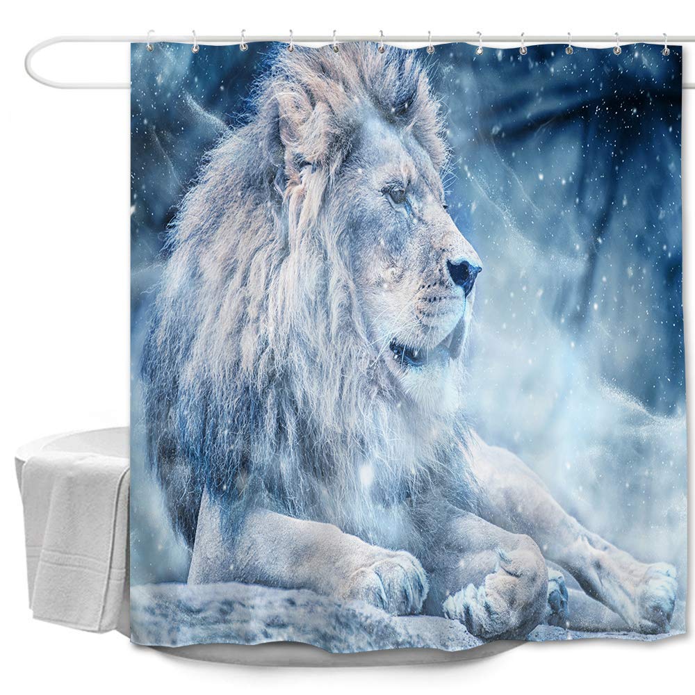 Blue Lion Shower Curtain Set with Hooks Vivid Snow Lion Shadow Watercolor Animal in the Snow Silver Blue Bathroom Decor Waterproof Polyester Fabric Bathroom Accessories Bath Curtain 72 x 72 inches