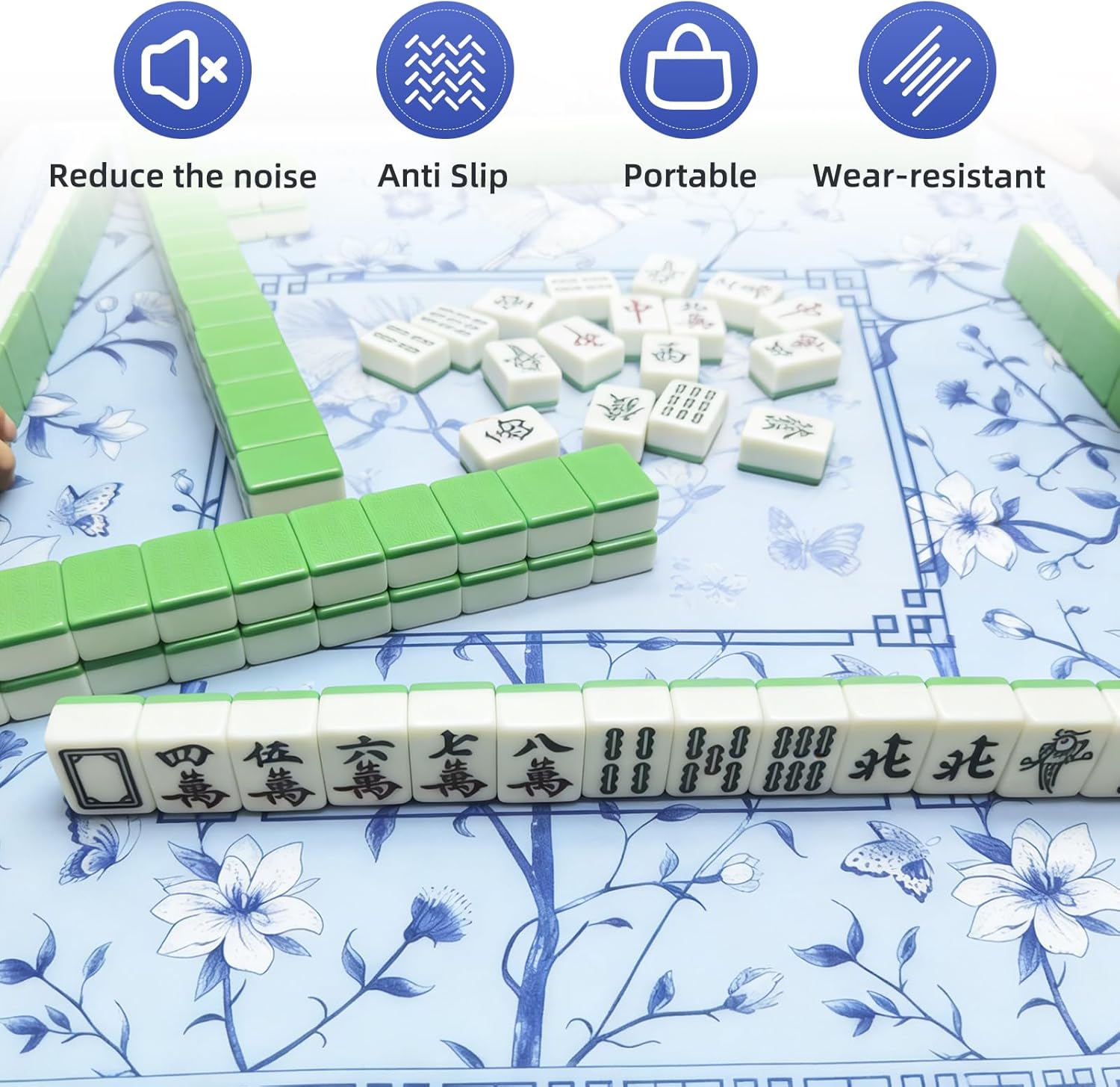 5 Pcs Western Mahjong Tiles Set Large Blue Mahjong Mat Empty Mahjong Bags Set for Tiles and Racks American Mahjong Game Set Anti-Slip Table Cover for Mahjong Poker Board Games Dominoes and Card