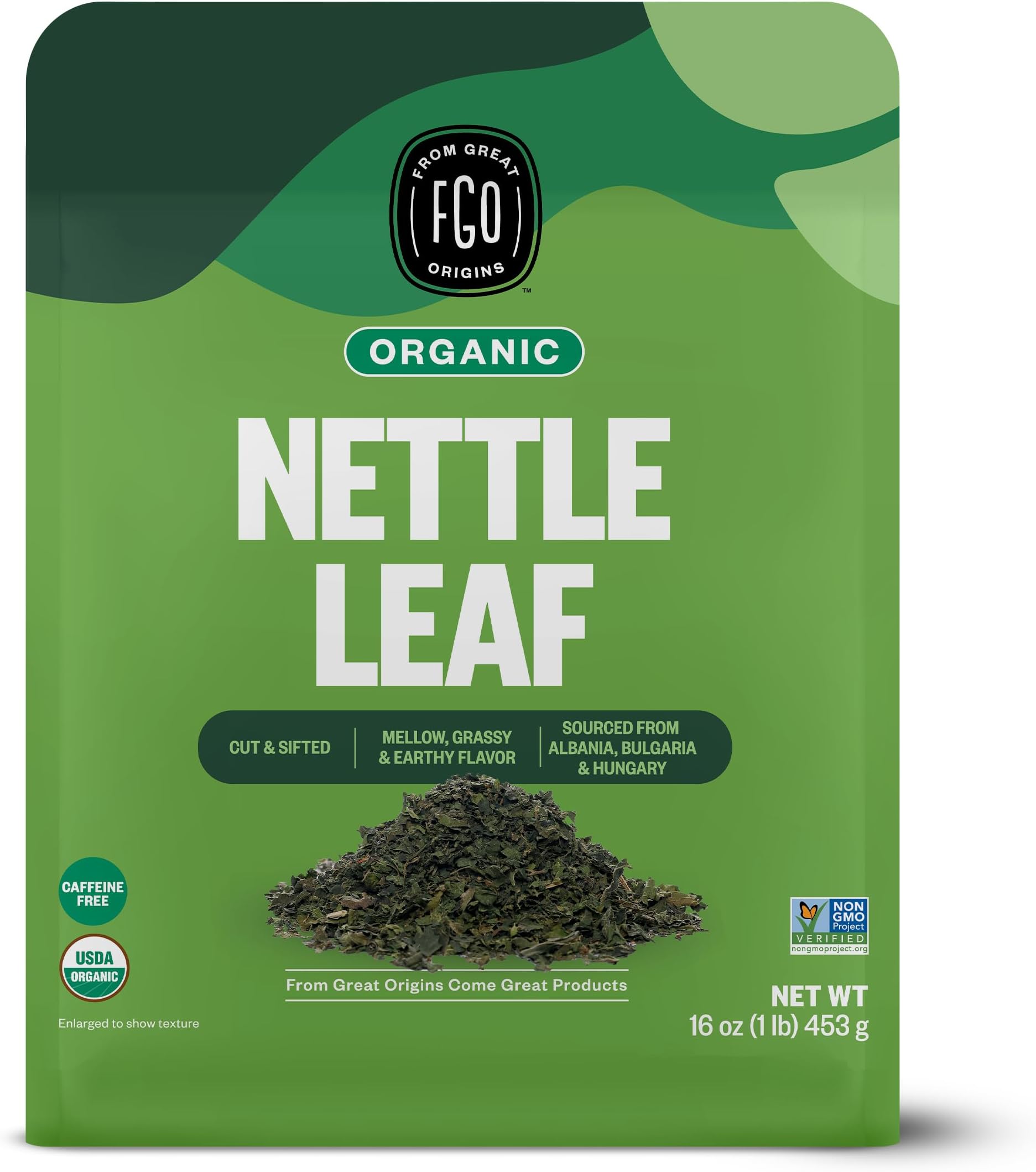 FGO Organic Nettle Leaf Loose Tea, Cut and Sifted, Caffeine Free, 16oz Bulk Resealable Bag, Packaging May Vary (Pack of 1)
