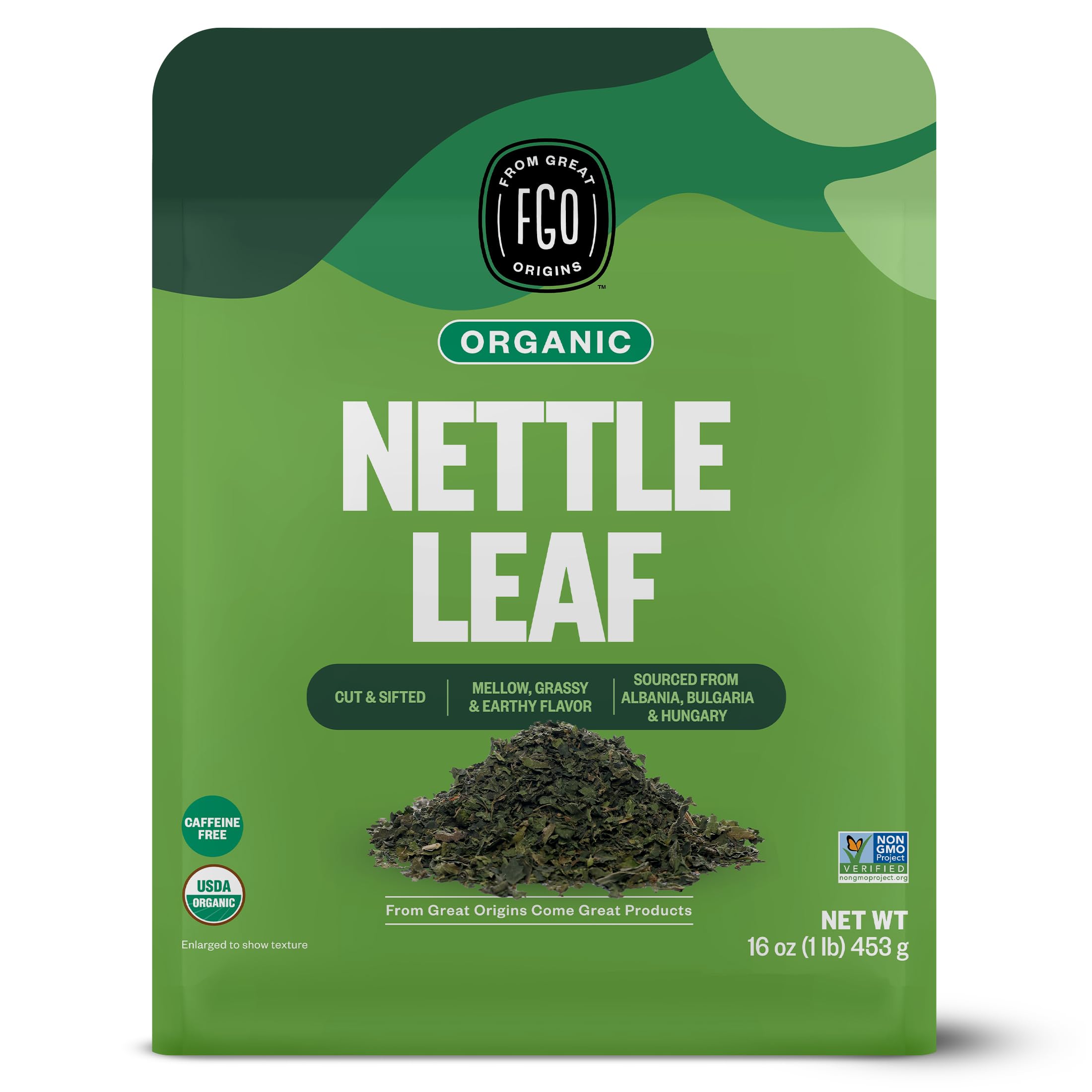 FGO Organic Nettle Leaf Loose Tea, Cut and Sifted, Caffeine Free, 16oz Bulk Resealable Bag, Packaging May Vary (Pack of 1)