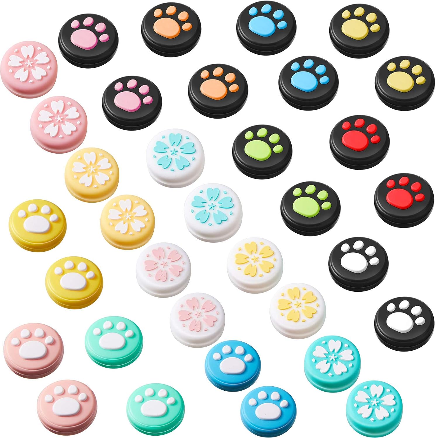 Skylety 34 Pieces Replacement Cute Cat Claw and Flower Design Thumb Grip Thumb Grips Analog Stick Cover Joystick Silicone Cover Compatible with Nintendo Switch, Switch Lite and Joy-Con Controller