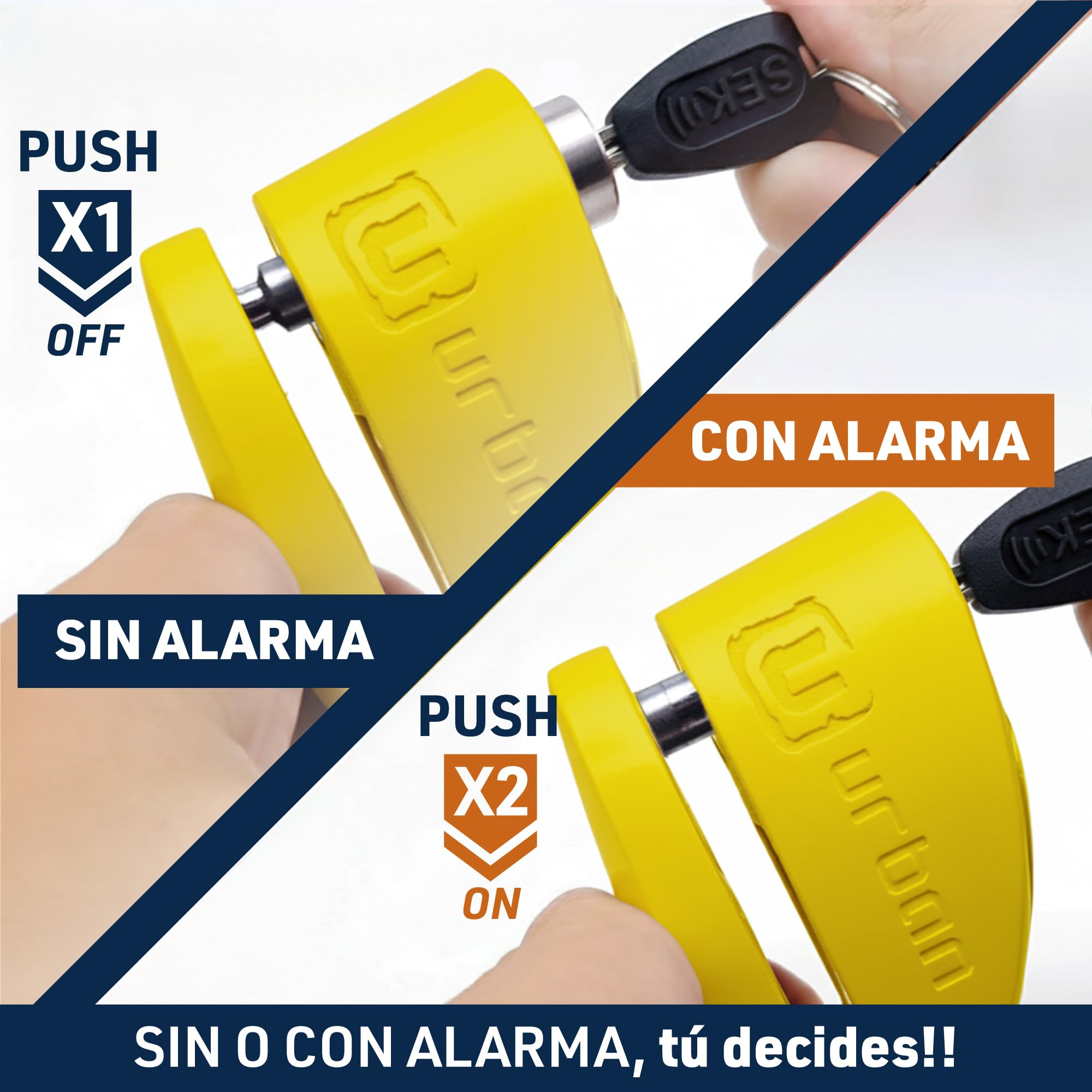 URBAN UR910Y Candado Moto con Alarma 120 dB, Amarillo+Negro Acero Inox Pintado +Disuasorio, Homologado SRA & Sold Secure Gold, Doble Cierre Ø10mm, Bateria CR2, Antirrobo Pinza Cepo Disco Freno Scooter