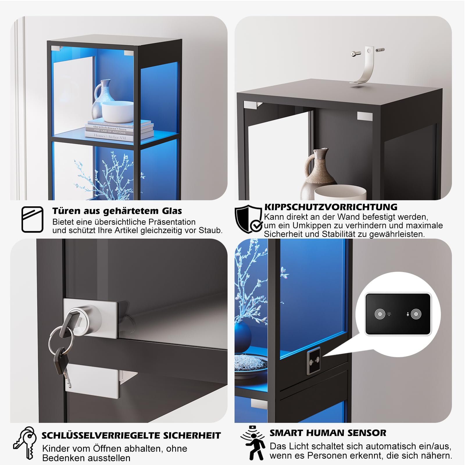 Vetrina in vetro con illuminazione a LED, vetrina con vetro temperato di sicurezza e chiusura magnetica, vetrina da collezione con sensore intelligente, 4 strati, antipolvere, per soggiorno, ufficio