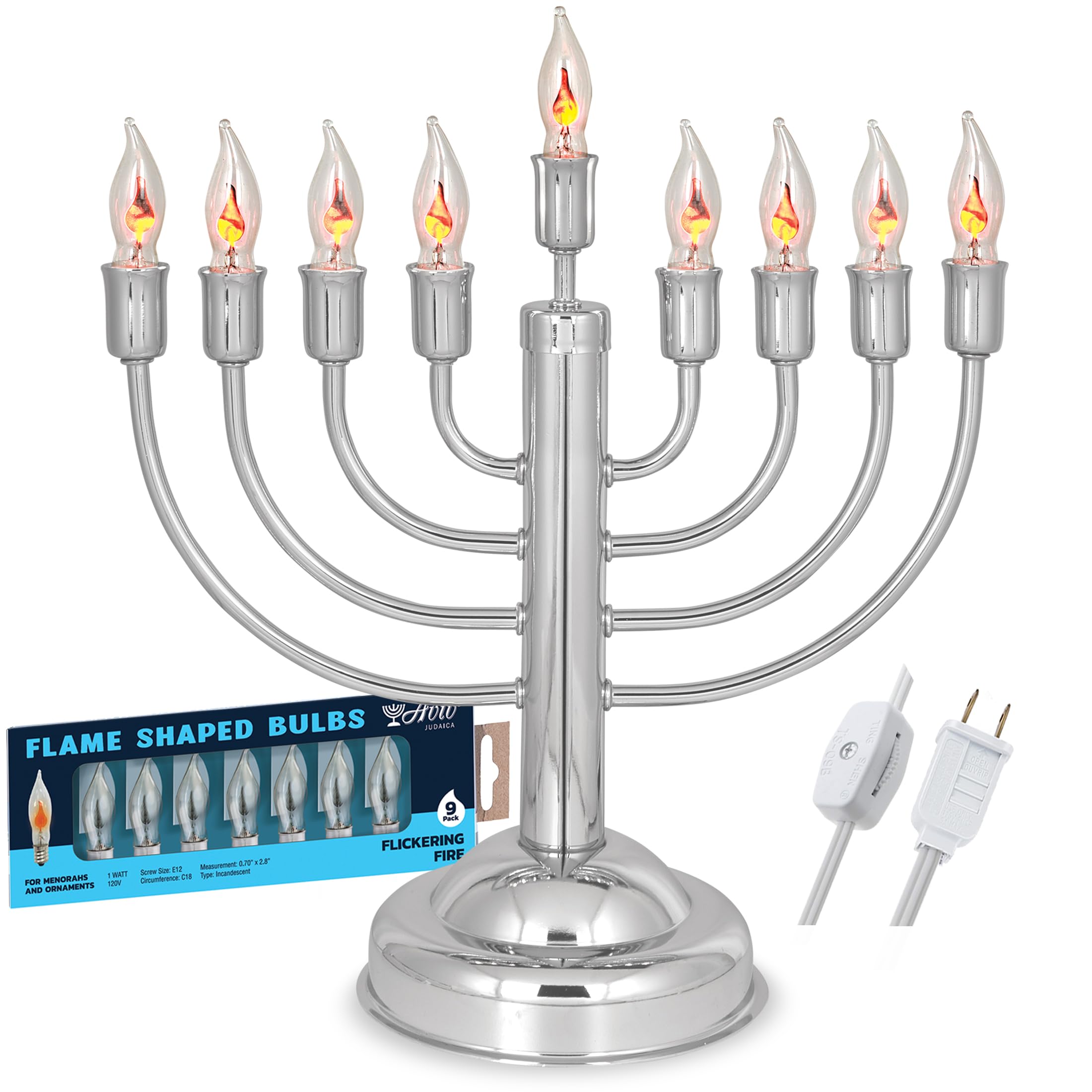 12" Quality Chanukah Menorah Round Base Highly Polished Chrome Plated Electric Menorah with Flickering Bulbs Candles for Chanukah Hanukkah Lights Menorah Chanukkah Decorations