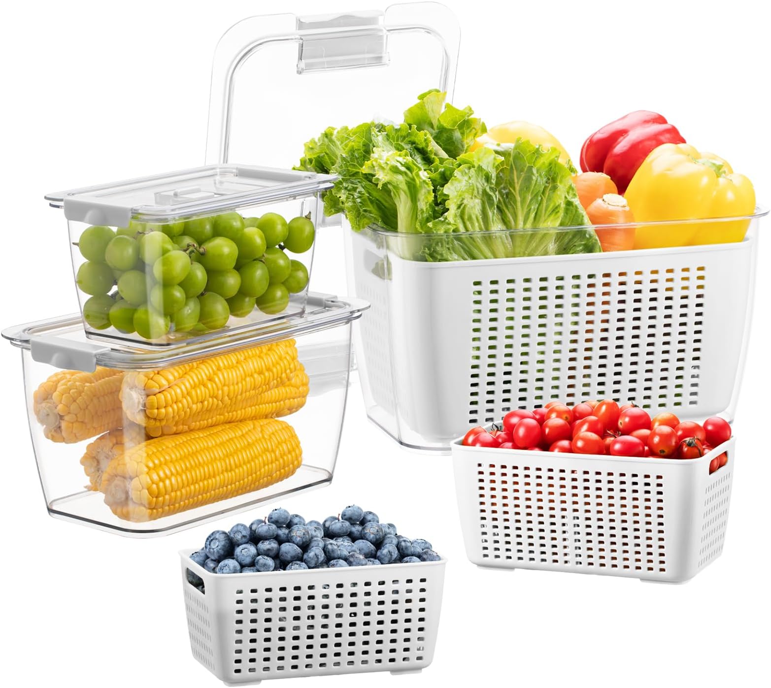 Luxear Fresh Food Storage Containers, 3 Pack Fridge Storage Container 4 L+1.7 L+0.5 L Keep Fresh Produce Saver BPA Free With Vents, Vegetable Containers For Fruit Salad in Refrigerator, White