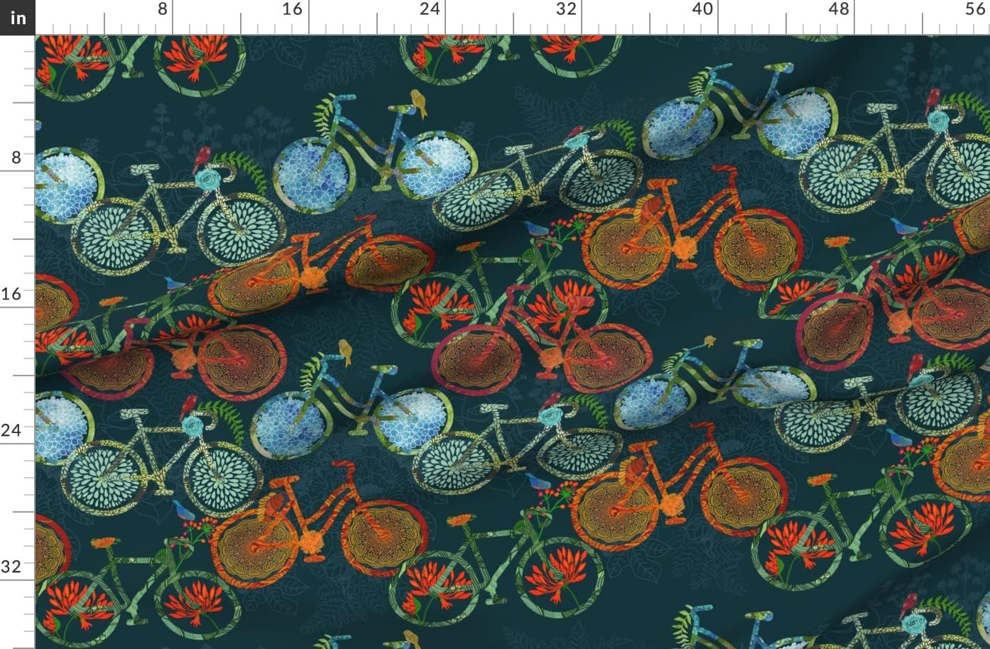 Spoonflower Fabric - Floral Bike Cycling Folk Animal Spring Bloom Sport Hobbies Bird Printed on Organic Cotton Sateen Fabric by The Yard - Sewing Quilting Apparel Home Decor