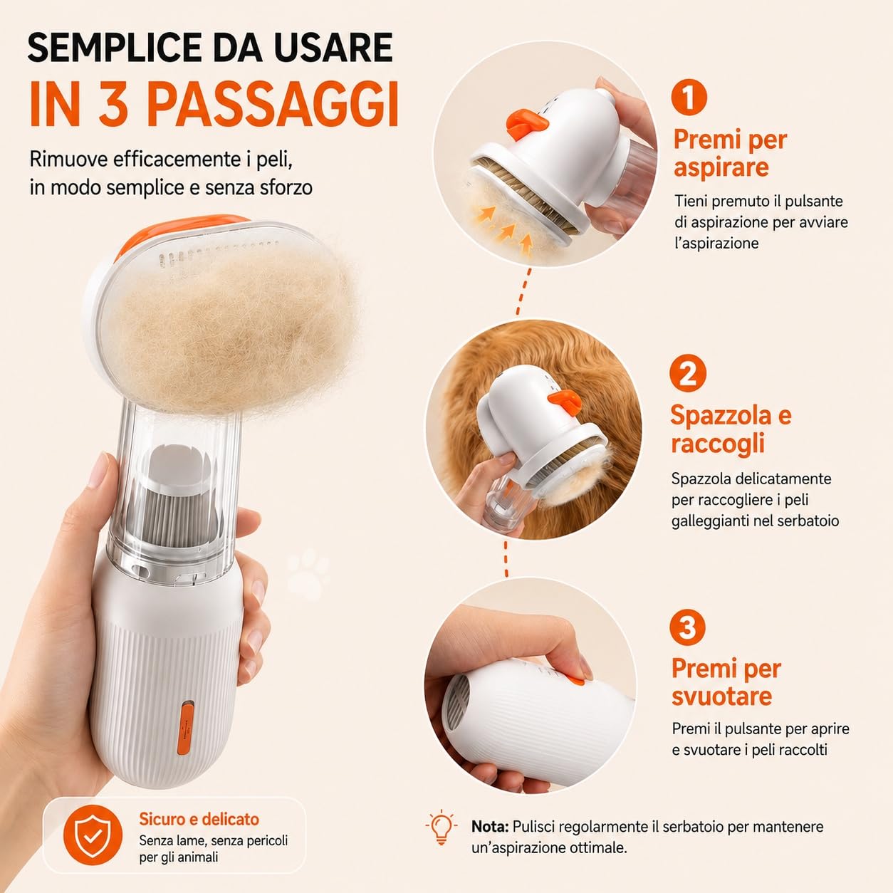 Spazzola Aspirante per Cani, 4-in-1 Multifunzionale, Cani e Gatti, Senza Fili Ricaricabile, Toelettatura, Districante, Rimuovi Peli Divano, Bocchetta Soffiante