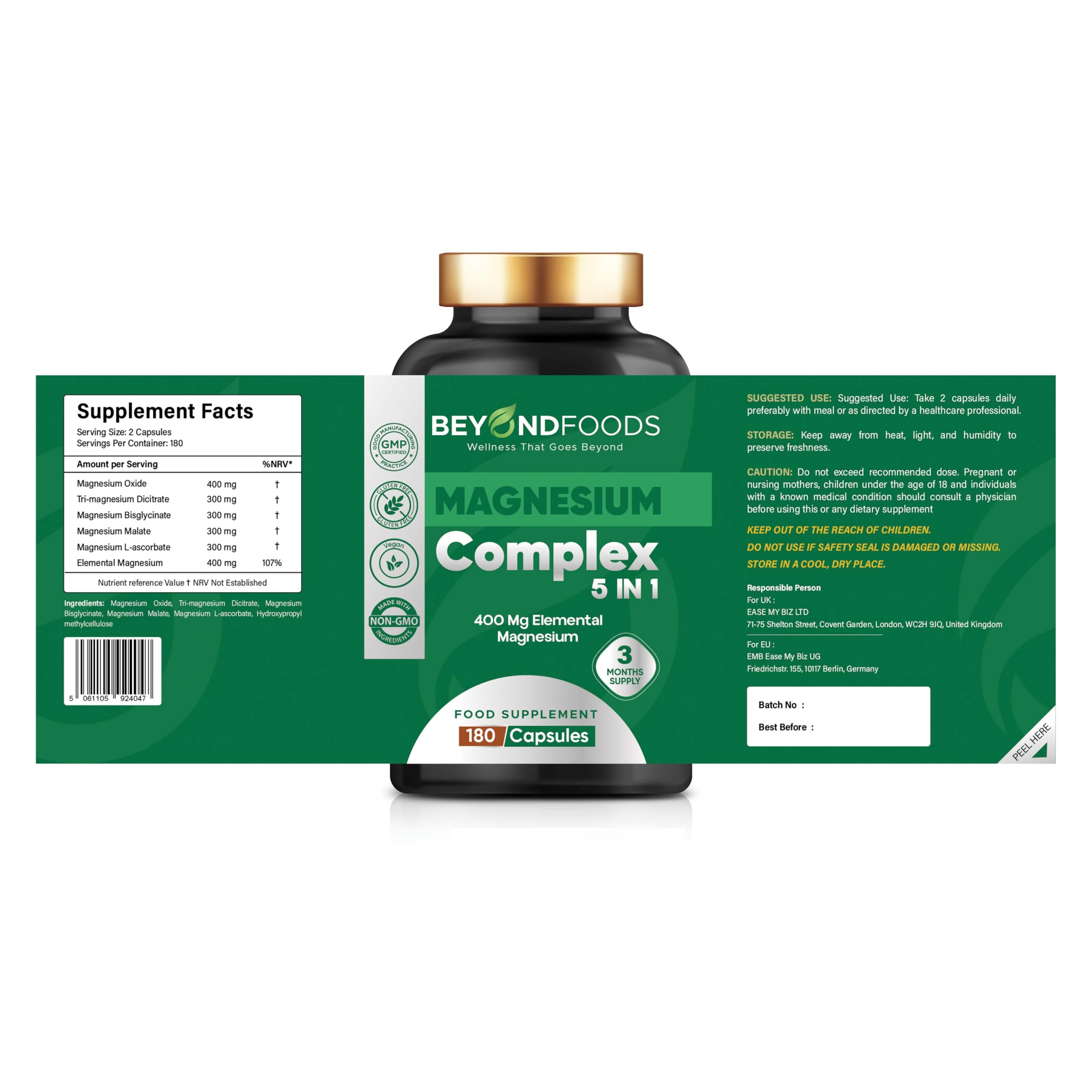 Magnesium Komplex 5-in-1 Kapseln – 400 mg elementares Magnesium pro Portion – Mit Bisglycinat, Citrat, Malat, Oxid & L-Ascorbat – 180 vegane Kapseln, 3-Monats-Vorrat