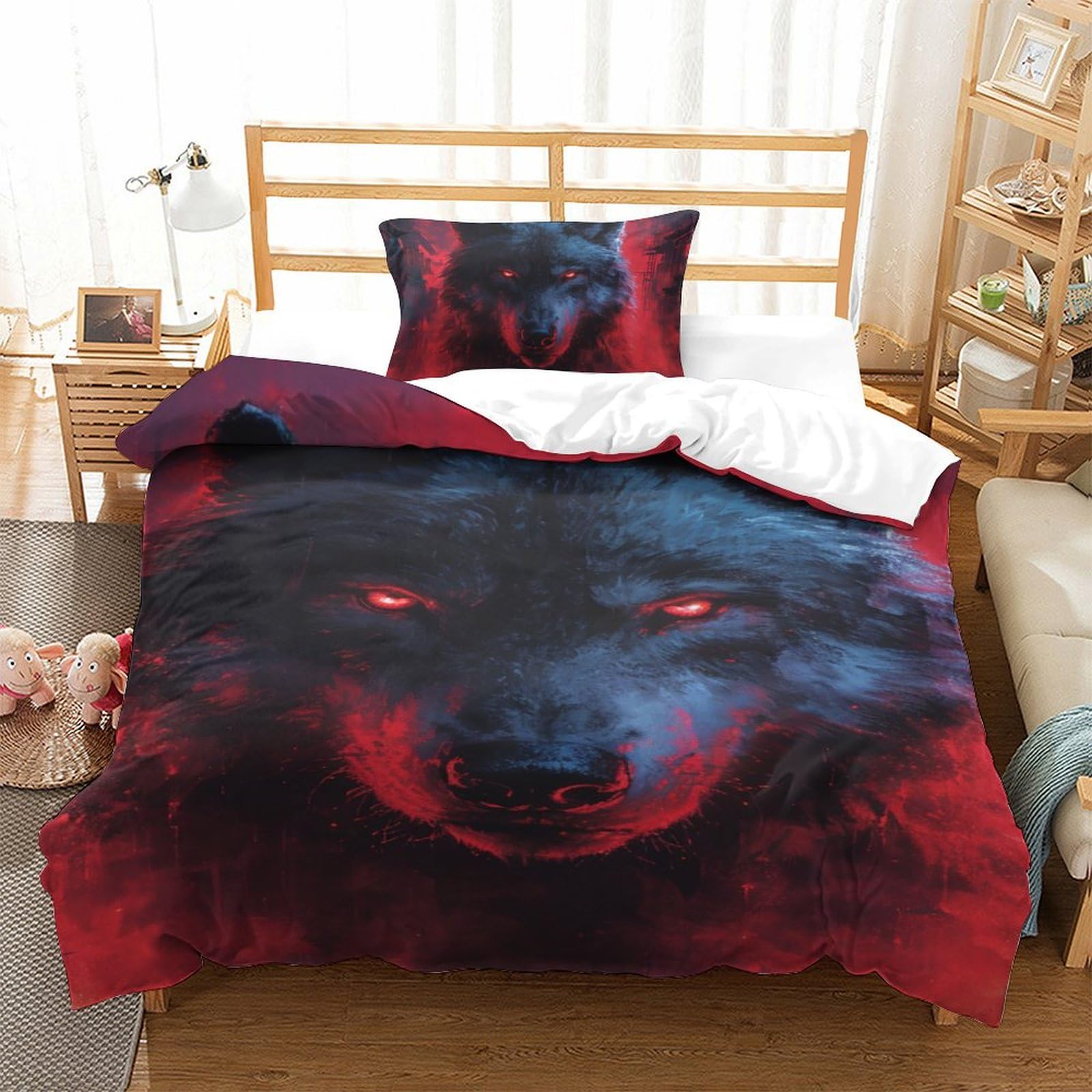 Housse de couette Loup 3D ensemble de literie microfibre set de lit simple 3 pièces